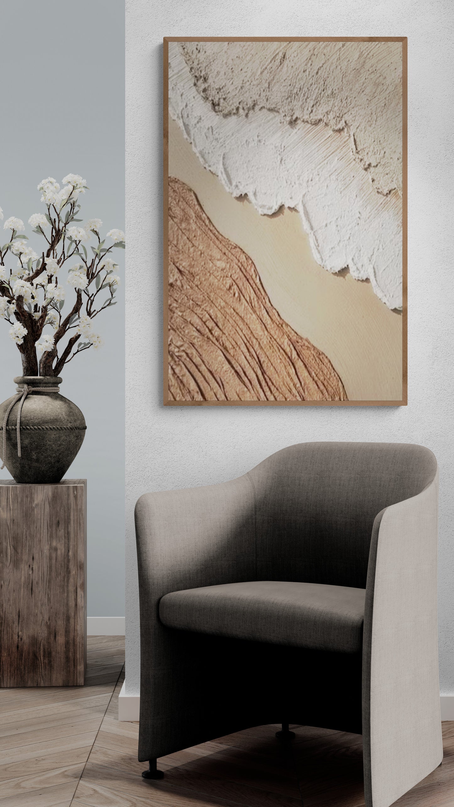 With wooden frame and acrylic paint ,Boho textured wall ,Brown ocean wave ,Brown coastal  wall decor ,Sea wall art