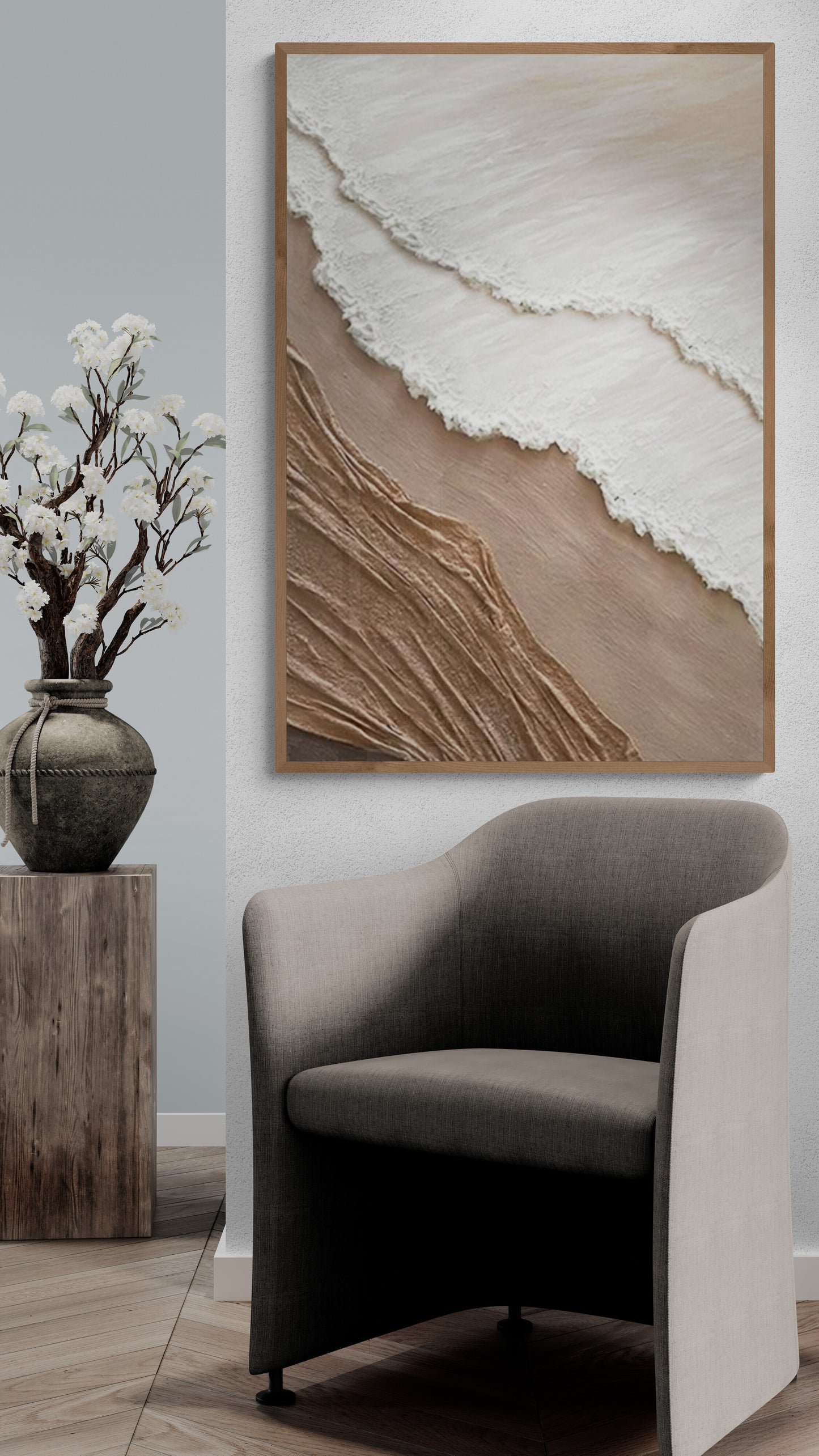 With wooden frame and acrylic paint ,Boho textured wall ,Brown ocean wave , Brown coastal  wall decor ,Sea wall art