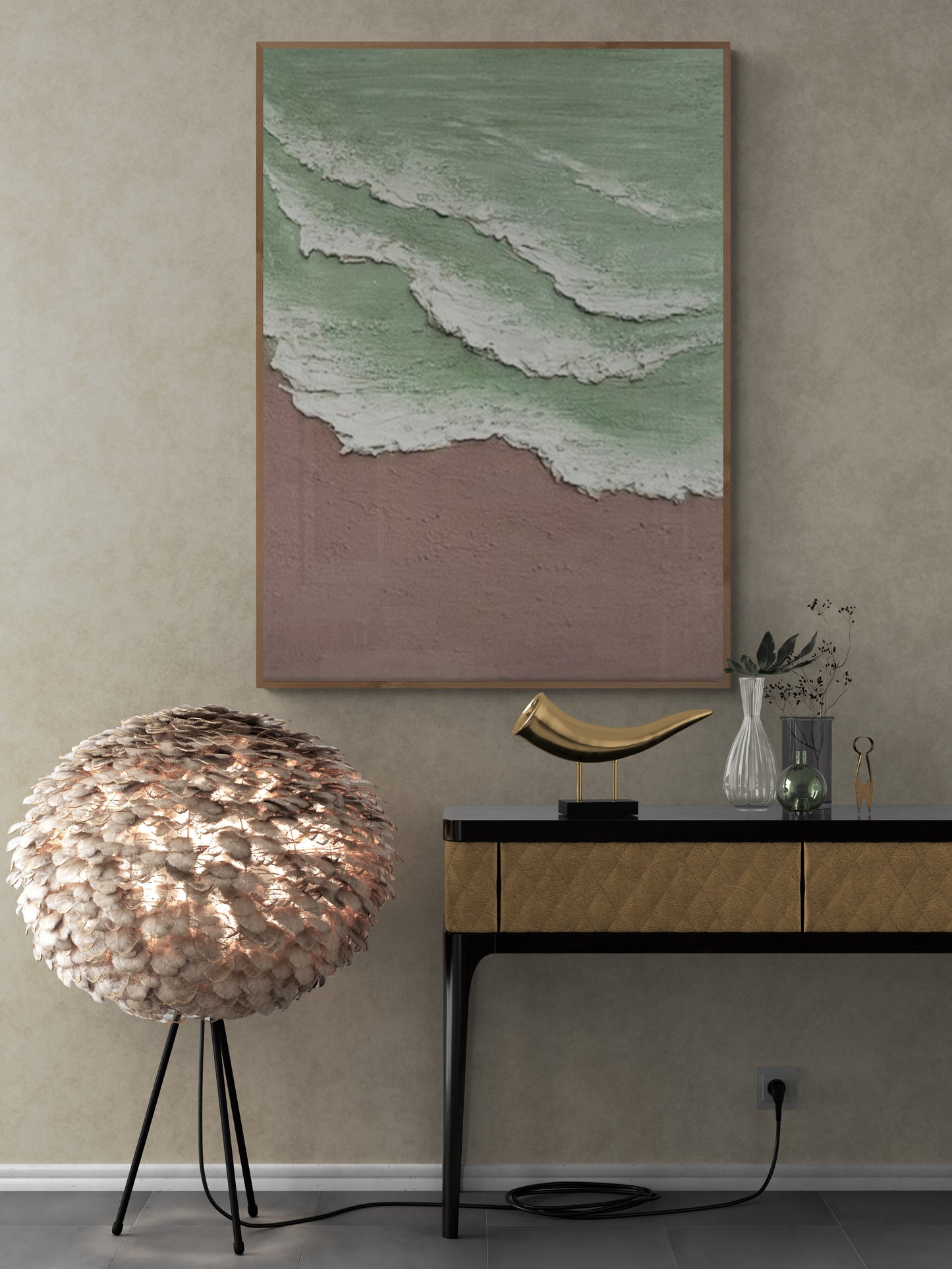 Heavy relief art ,Green ocean wave ,Brown ,coastal wall decor ,Abstract handmade wall art ,With wooden frame and acrylic paint
