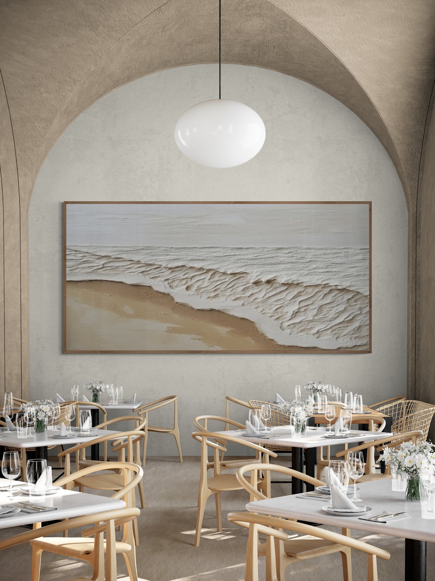 Original abstract relief ,Minimal art texture, With wooden frame and acrylic paint, Ocean wave landscape ,White ocean wave ,Brown coastal