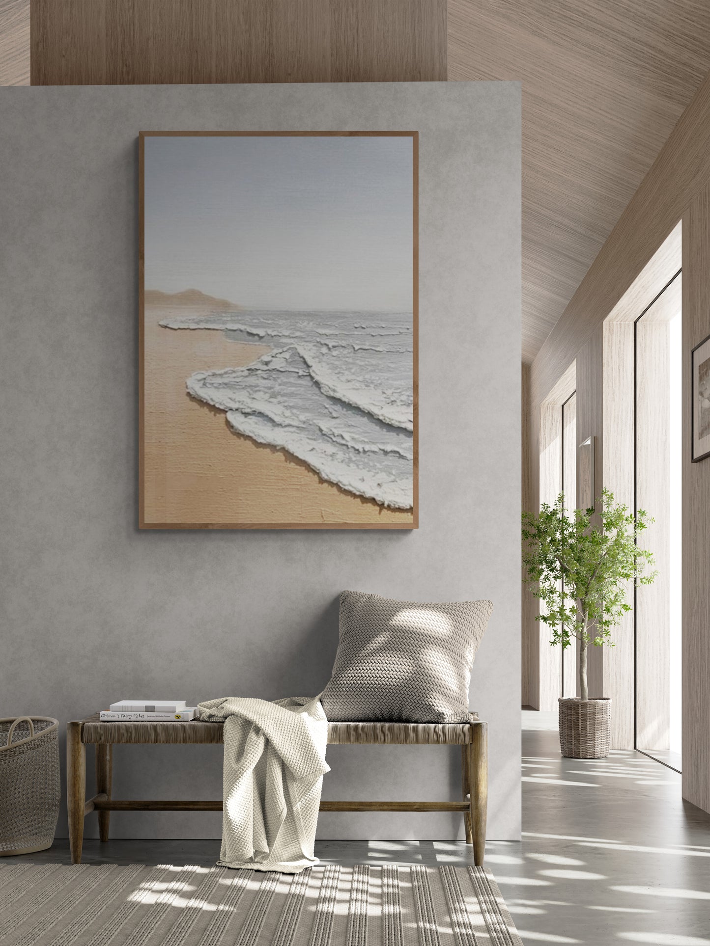 Original abstract relief ,Minimal art texture, With wooden frame and acrylic paint, Ocean wave landscape ,White ocean wave ,Brown coastal