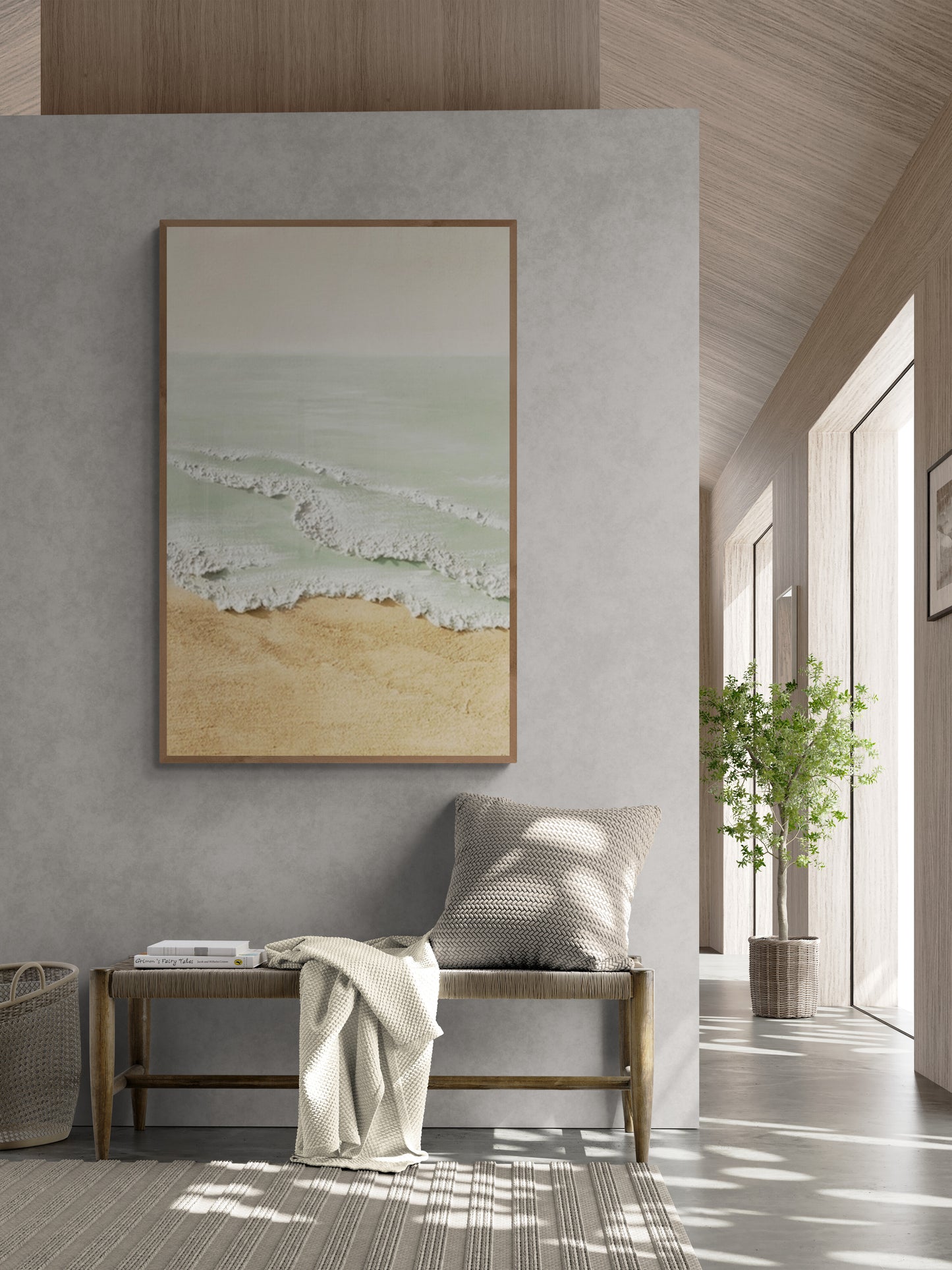 Original abstract relief ,Minimal art texture, With wooden frame and acrylic paint, Ocean wave landscape ,White ocean wave ,Brown coastal