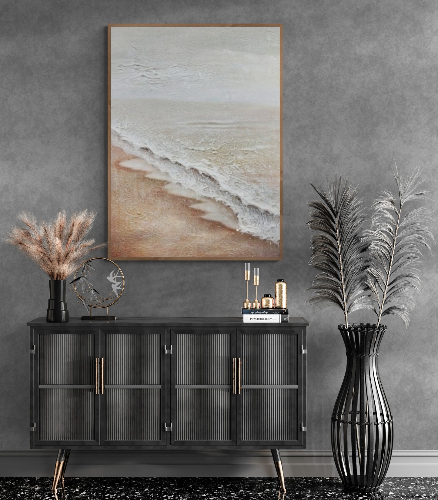 Original abstract relief ,Minimal art texture, With wooden frame and acrylic paint, Ocean wave landscape ,White ocean wave ,Brown coastal