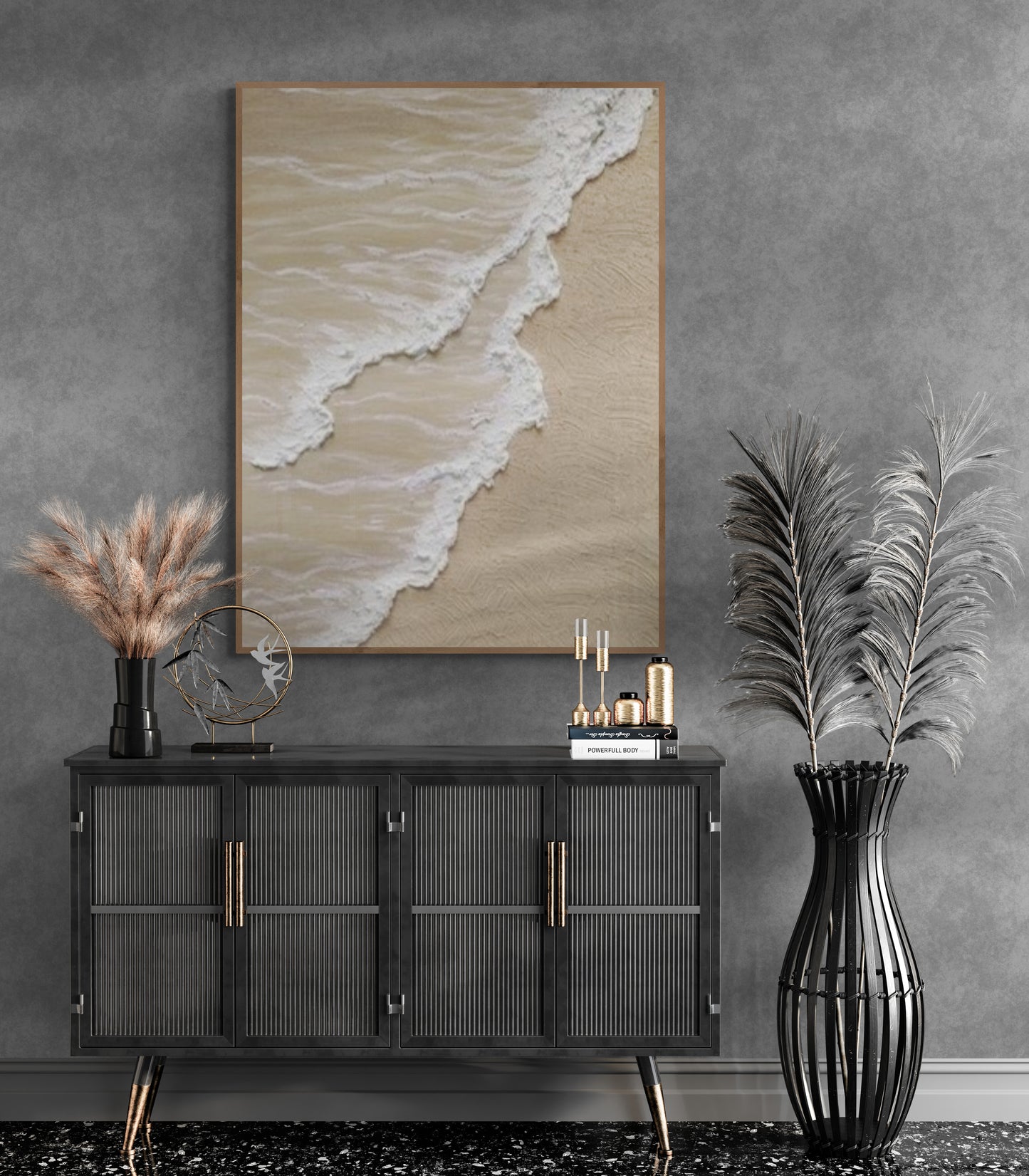 3D texture ,With wooden frame and acrylic paint ,White ocean wave ,Brown coastal  wall decor ,Plaster art texture ,Sea beach relief