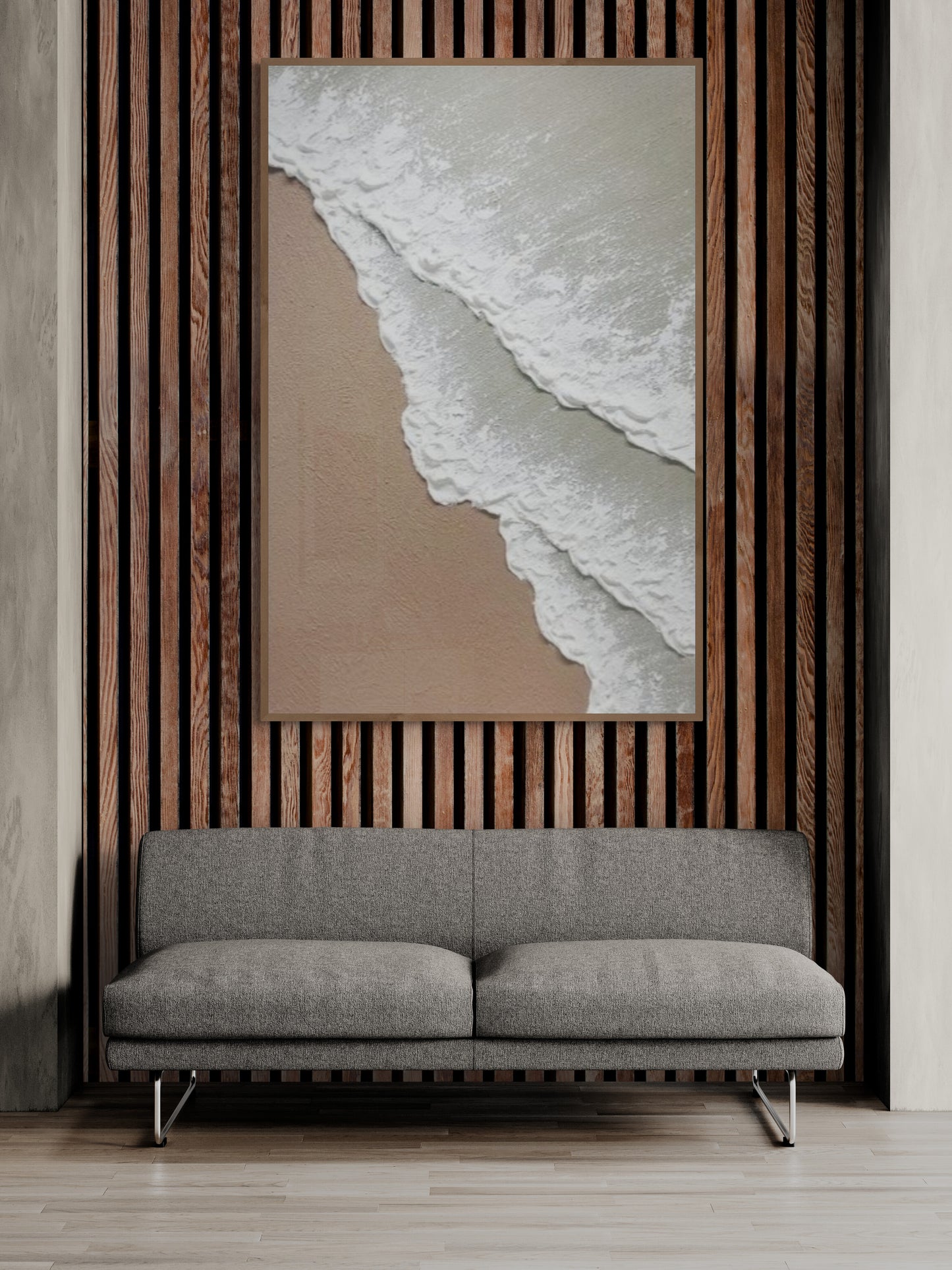 3D texture ,With wooden frame and acrylic paint ,White ocean wave ,Brown coastal  wall decor ,Plaster art texture ,Sea beach relief