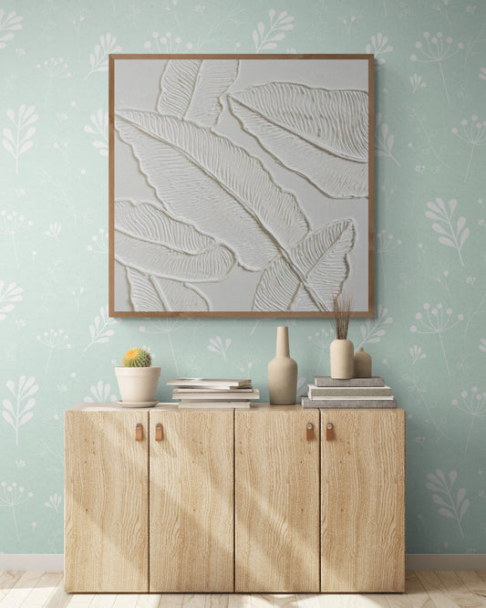 Minimalist white leaves ,Original abstract relief ,With wooden frame and acrylic paint ,Boho textured wall