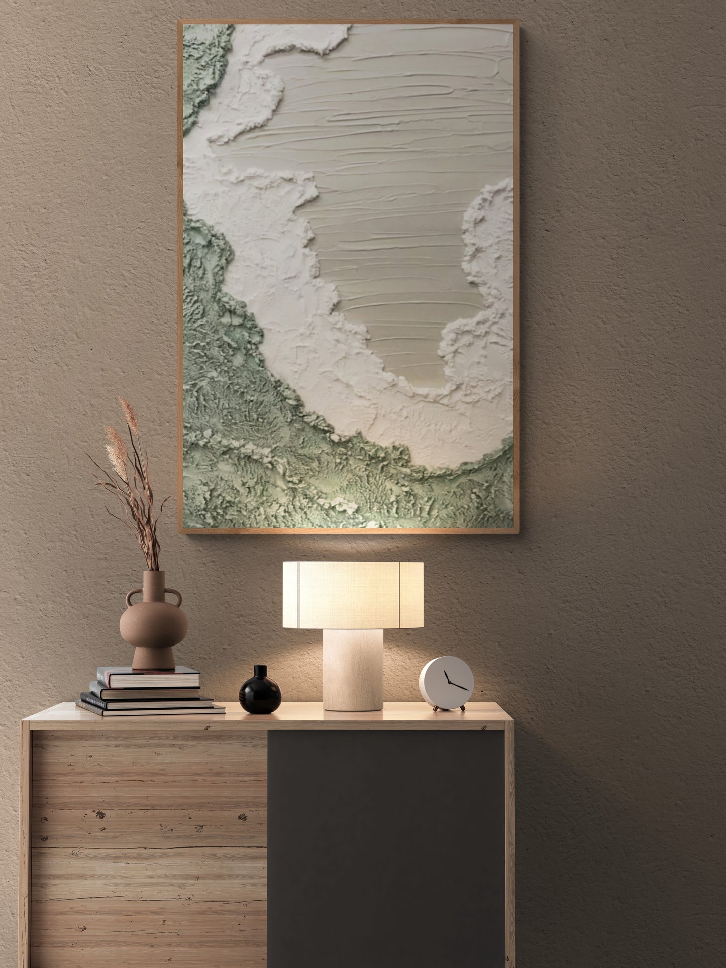 Heavy relief art ,Green ocean wave ,Gray coastal  wall decor ,Abstract handmade wall art ,With wooden frame and acrylic paint