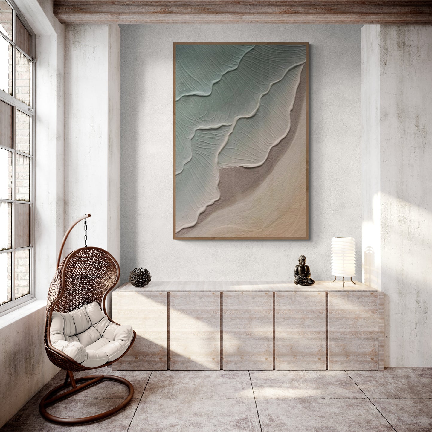Heavy relief art ,Green ocean wave ,Brown coastal  wall decor ,Abstract handmade wall art ,With wooden frame and acrylic paint