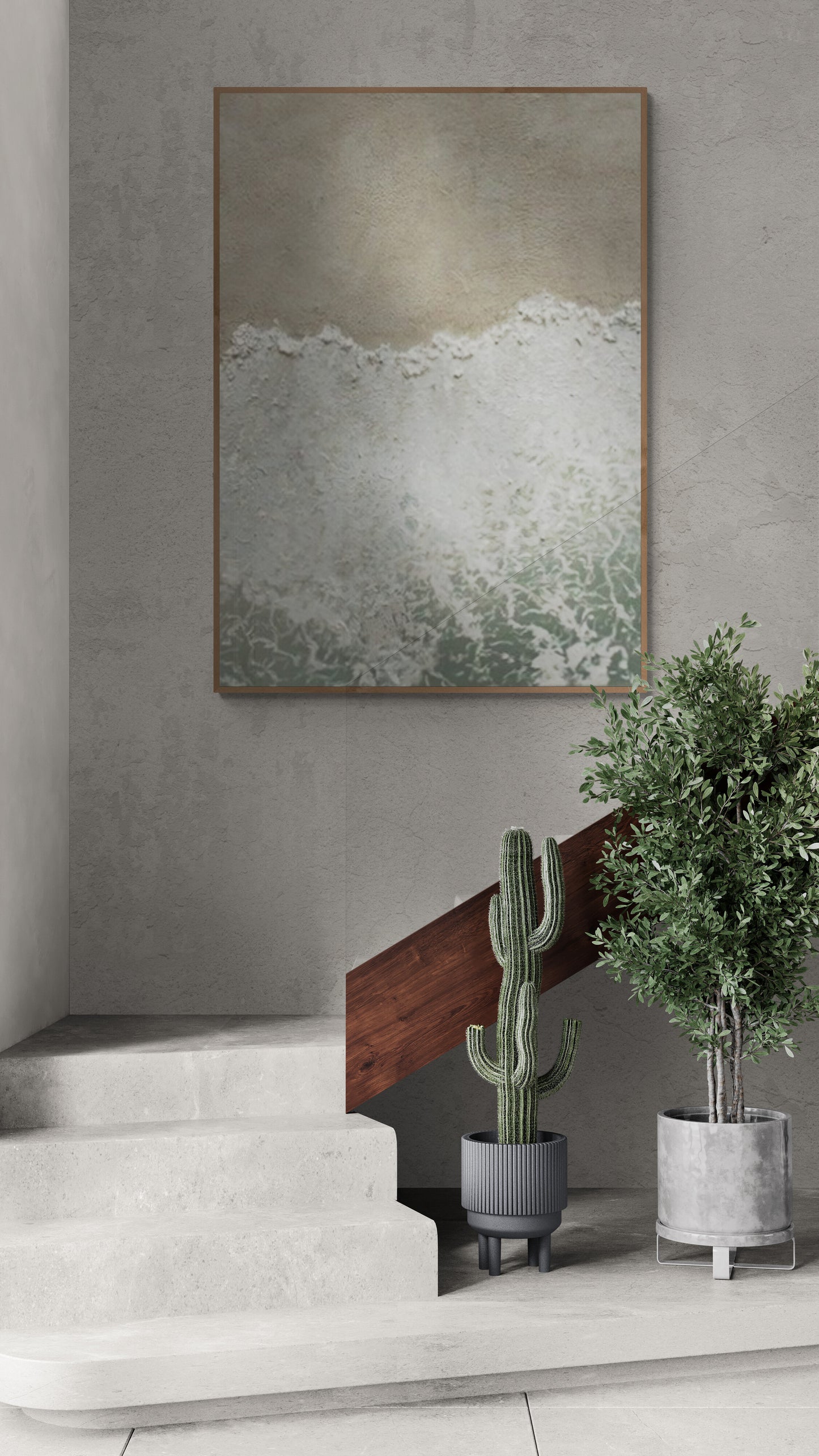 Heavy relief art ,Green and White ocean wave ,Brown coastal  wall decor , Abstract handmade wall art ,With wooden frame and acrylic paint