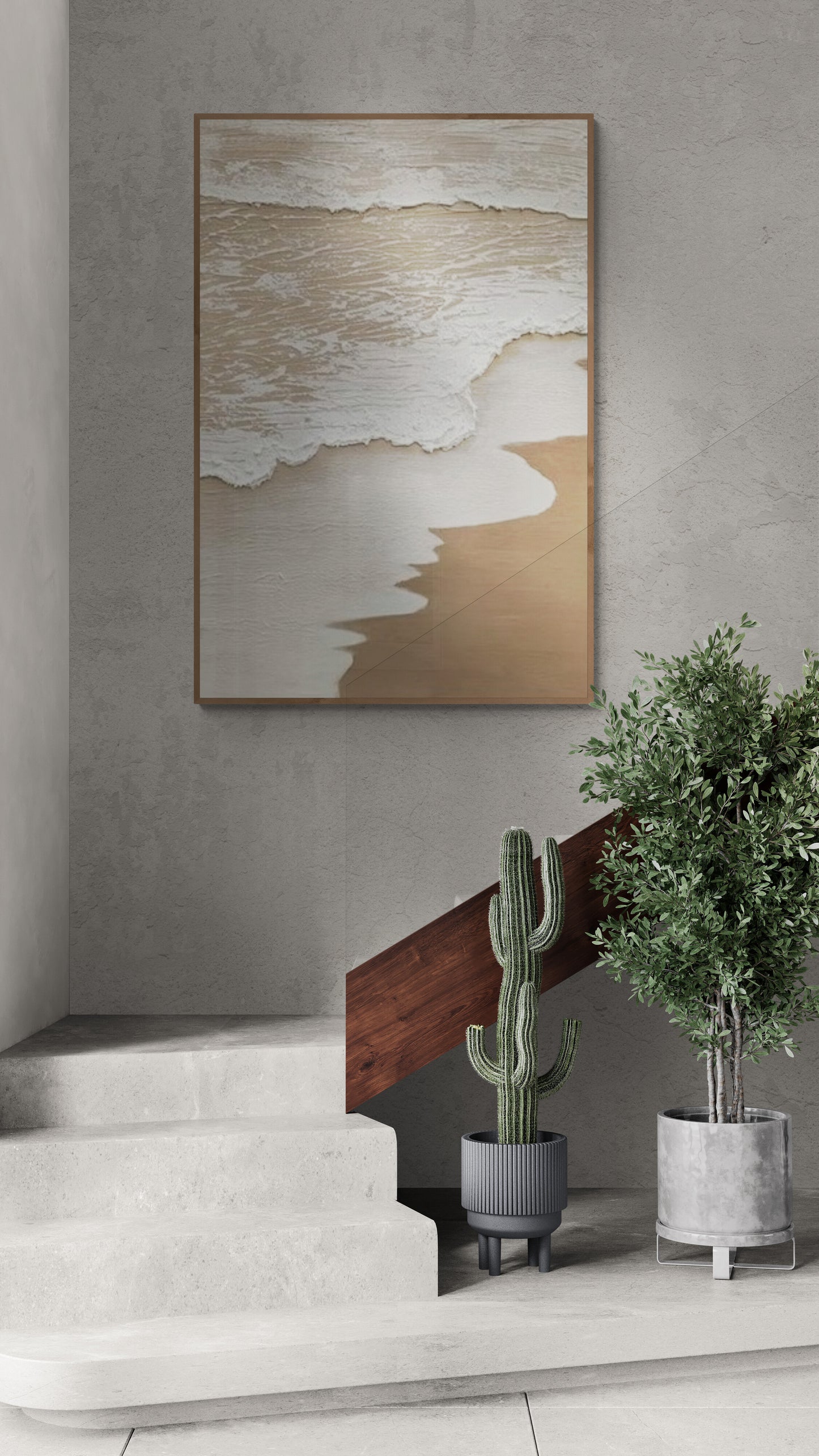 Original abstract relief ,Minimal art texture, With wooden frame and acrylic paint, Ocean wave landscape ,White ocean wave ,Brown coastal