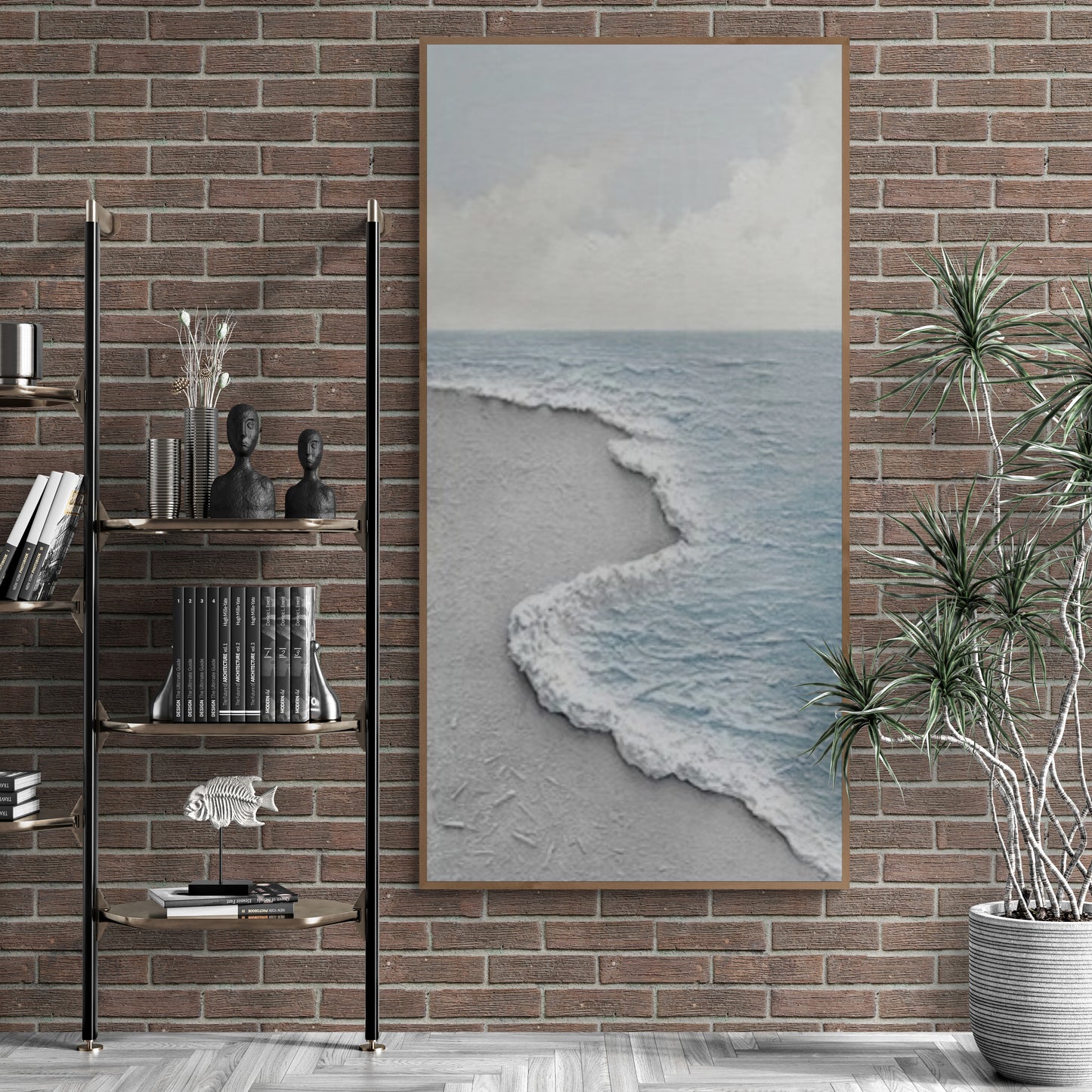 Original abstract relief ,Minimal art texture, With wooden frame and acrylic paint, Ocean wave landscape ,Blue ocean wave ,Brown coastal