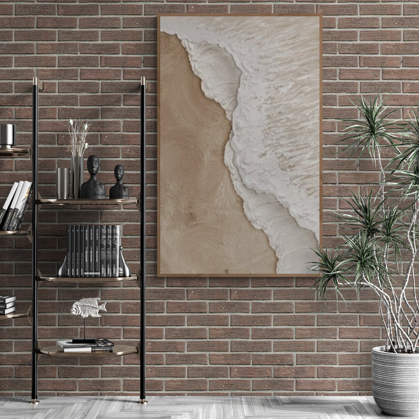 With wooden frame and acrylic paint ,Boho textured wall ,Brown ocean wave ,Brown coastal  wall decor ,Sea wall art