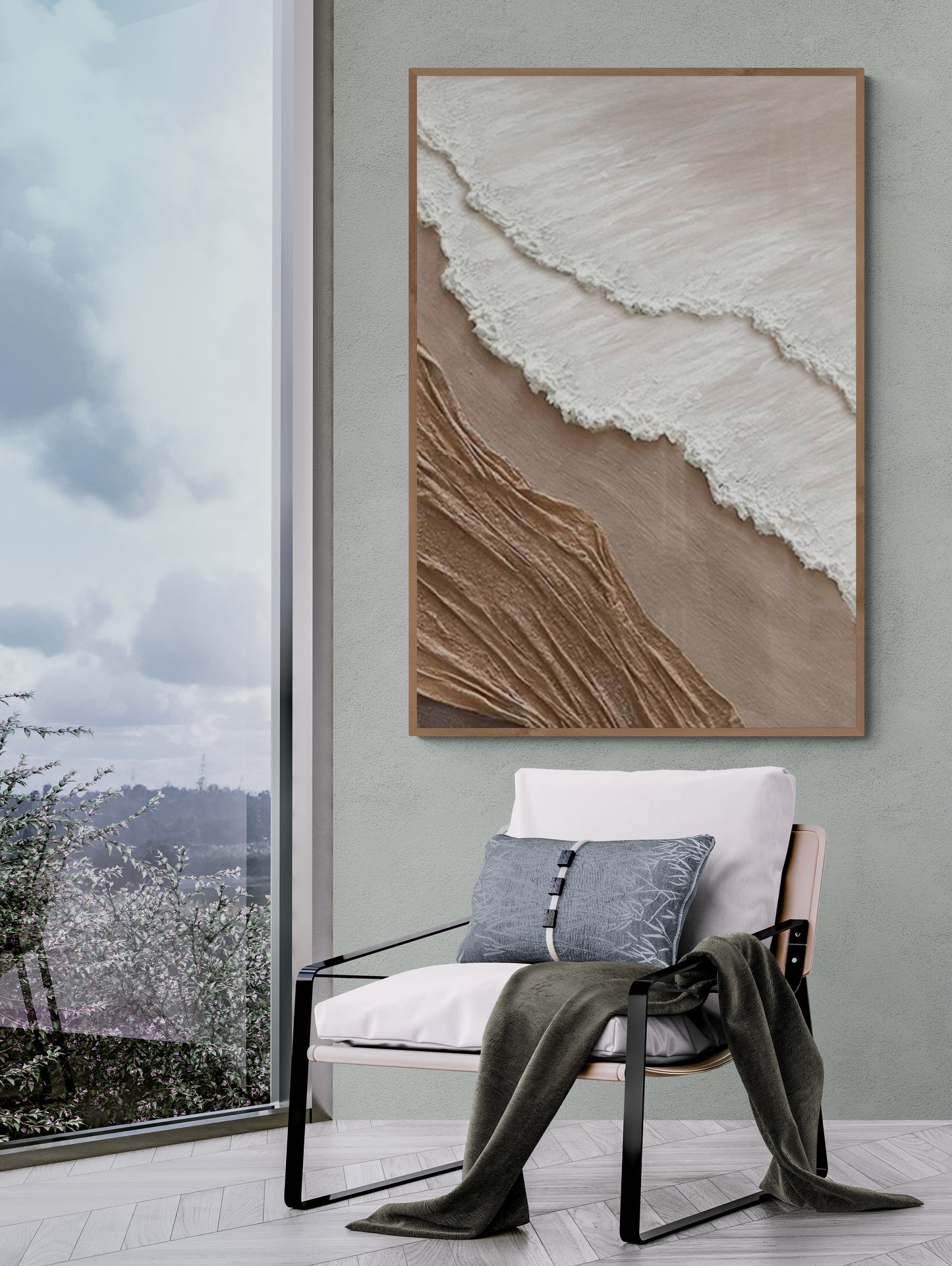 With wooden frame and acrylic paint ,Boho textured wall ,Brown ocean wave , Brown coastal  wall decor ,Sea wall art