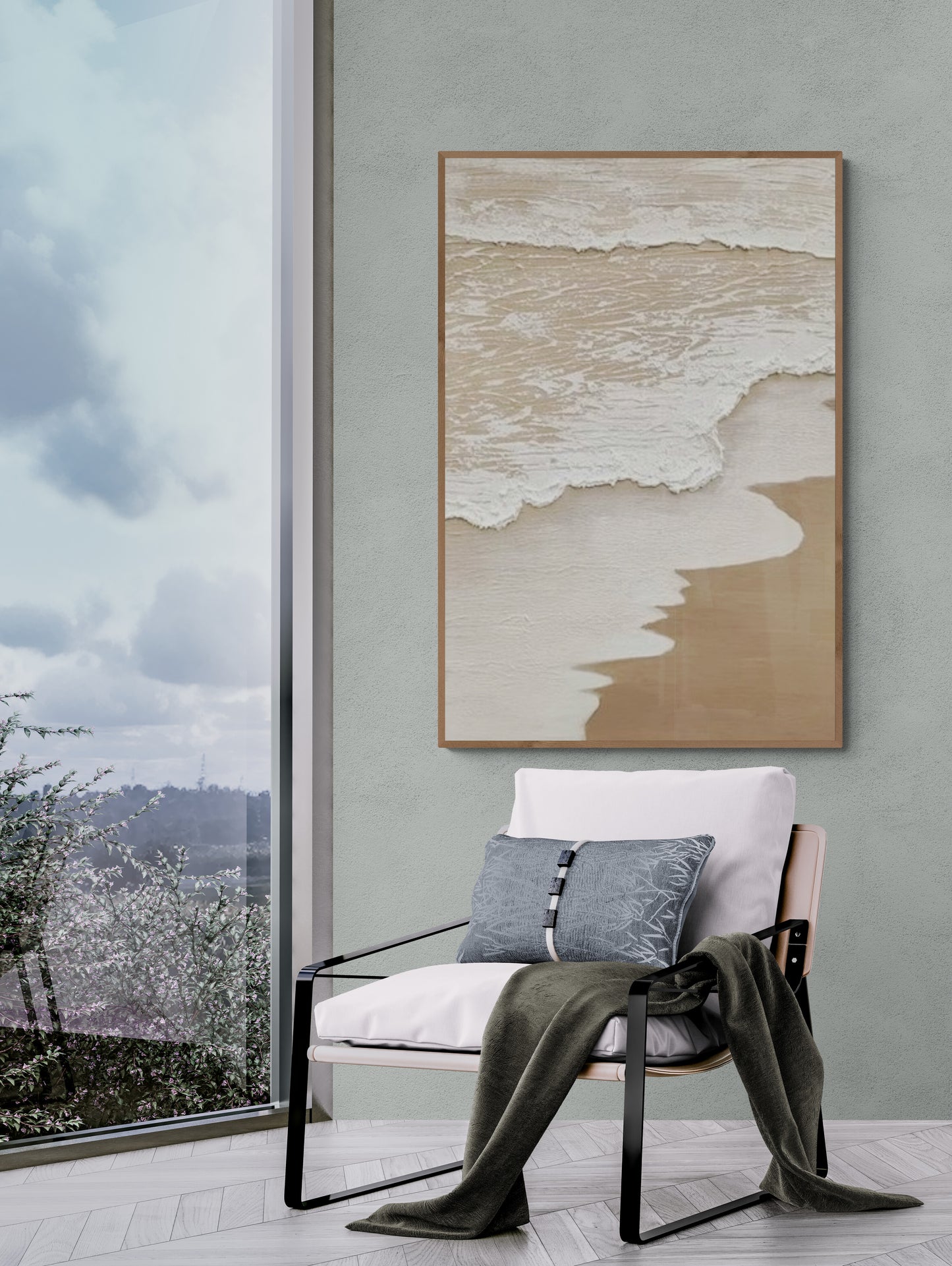Original abstract relief ,Minimal art texture, With wooden frame and acrylic paint, Ocean wave landscape ,White ocean wave ,Brown coastal