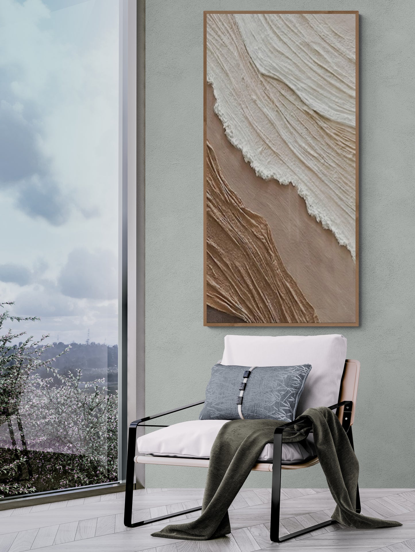 3D texture ,With wooden frame and acrylic paint ,White ocean wave ,Brown coastal  wall decor ,Plaster art texture ,Sea beach relief