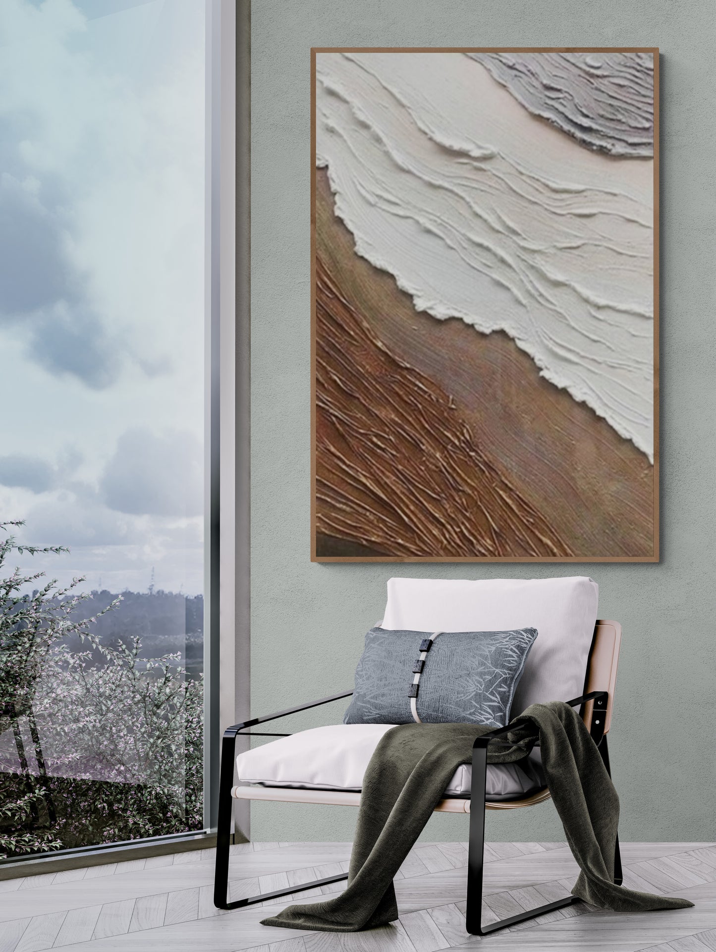 With wooden frame and acrylic paint ,Boho textured wall ,Brown ocean wave ,Brown coastal  wall decor ,Sea wall art