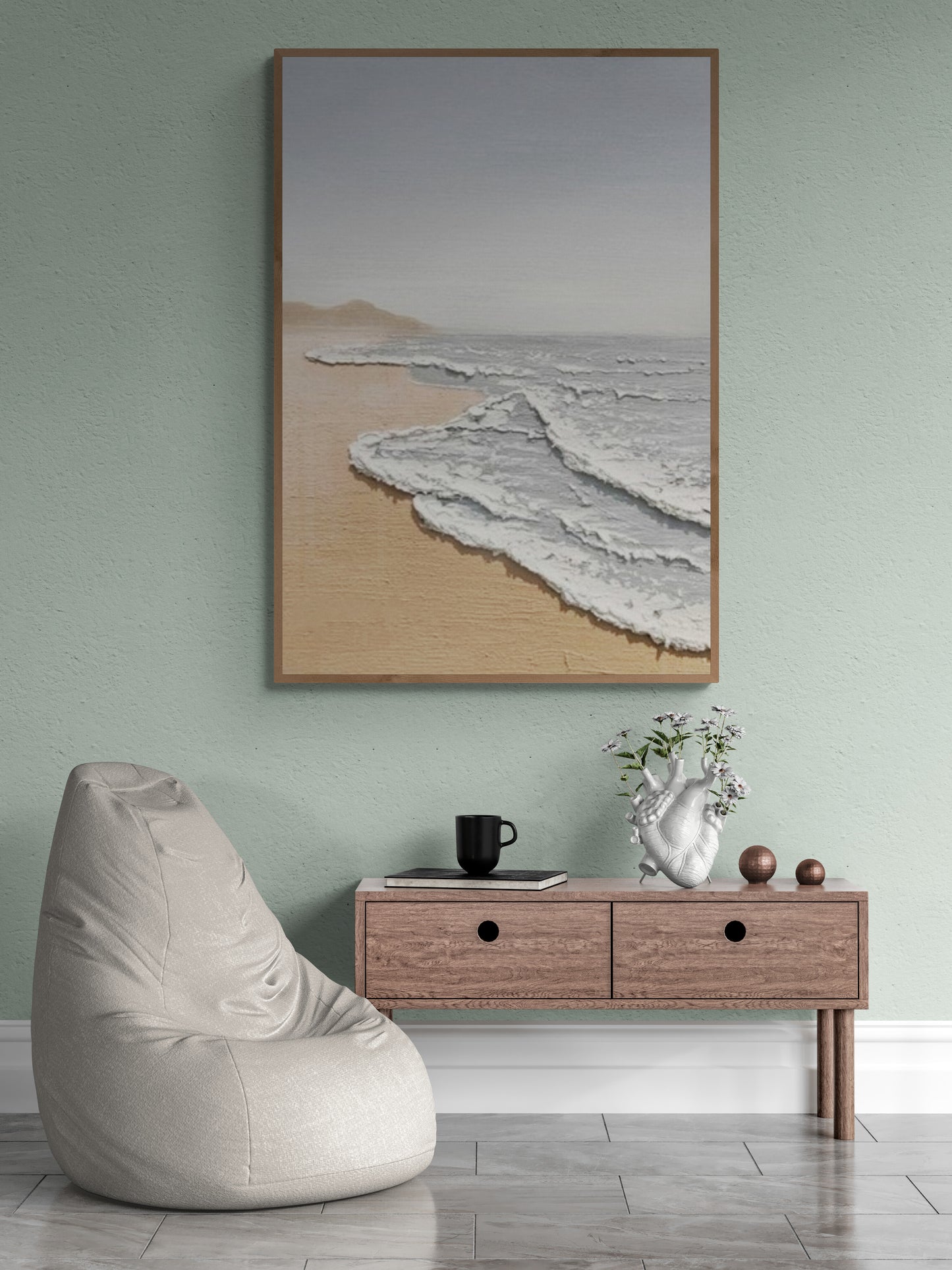 Original abstract relief ,Minimal art texture, With wooden frame and acrylic paint, Ocean wave landscape ,White ocean wave ,Brown coastal