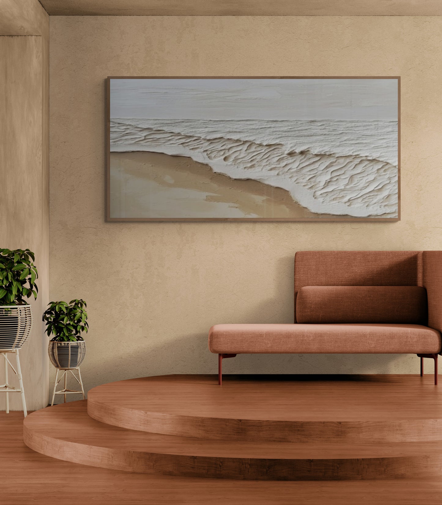 Original abstract relief ,Minimal art texture, With wooden frame and acrylic paint, Ocean wave landscape ,White ocean wave ,Brown coastal