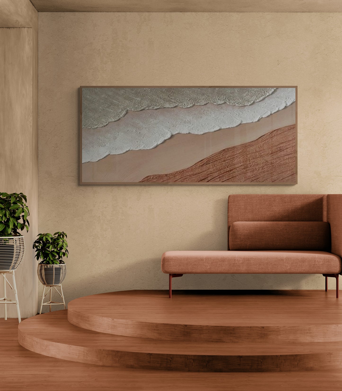 3D texture ,With wooden frame and acrylic paint ,White ocean wave ,Brown coastal  wall decor ,Plaster art texture ,Sea beach relief