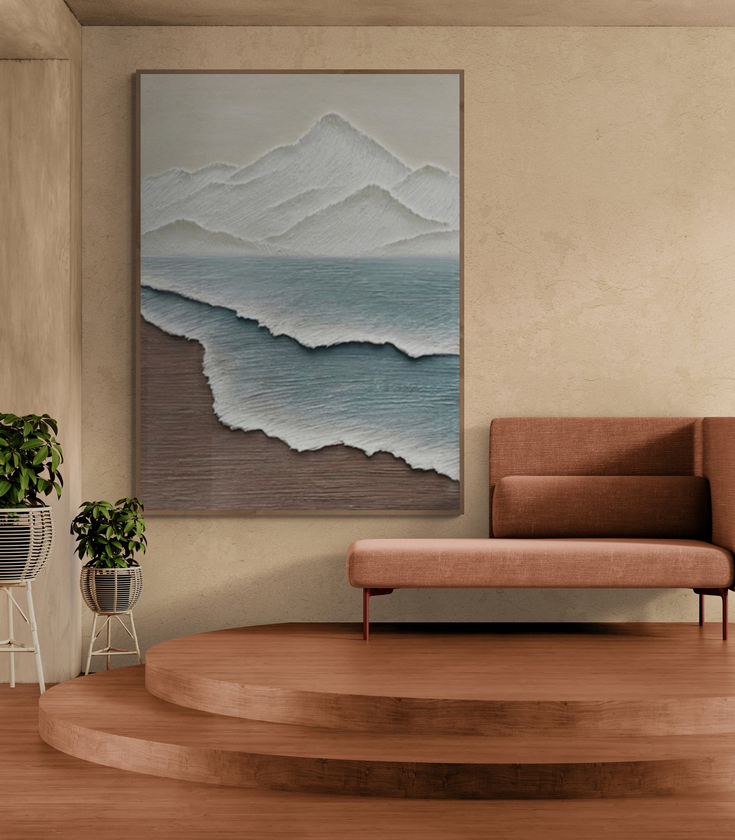 Heavy relief art ,Blue ocean wave ,Brown coastal  wall decor ,Abstract handmade wall art ,With wooden frame and acrylic paint