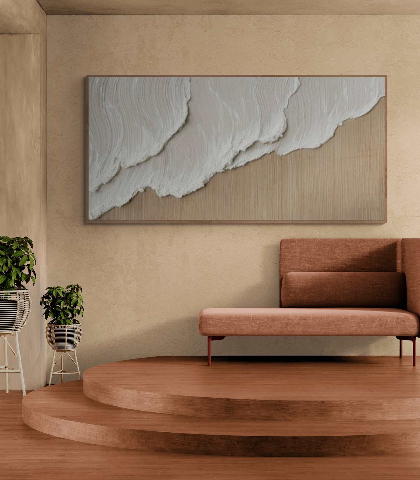 Heavy relief art ,White ocean wave ,Brown coastal  wall decor ,Abstract handmade wall art ,With wooden frame and acrylic paint