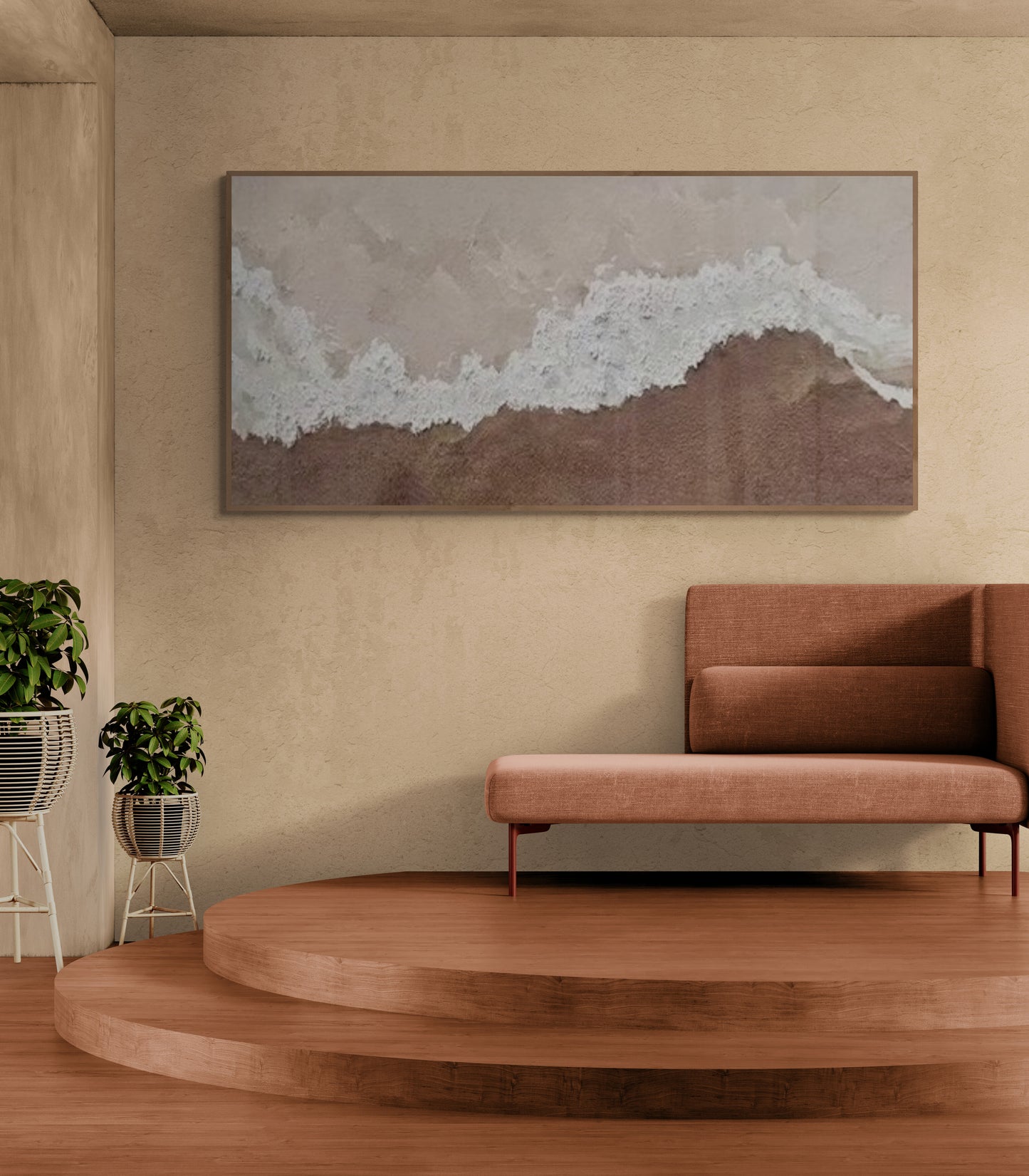 With wooden frame and acrylic paint ,Boho textured wall ,Brown ocean wave , Brown coastal  wall decor ,Sea wall art