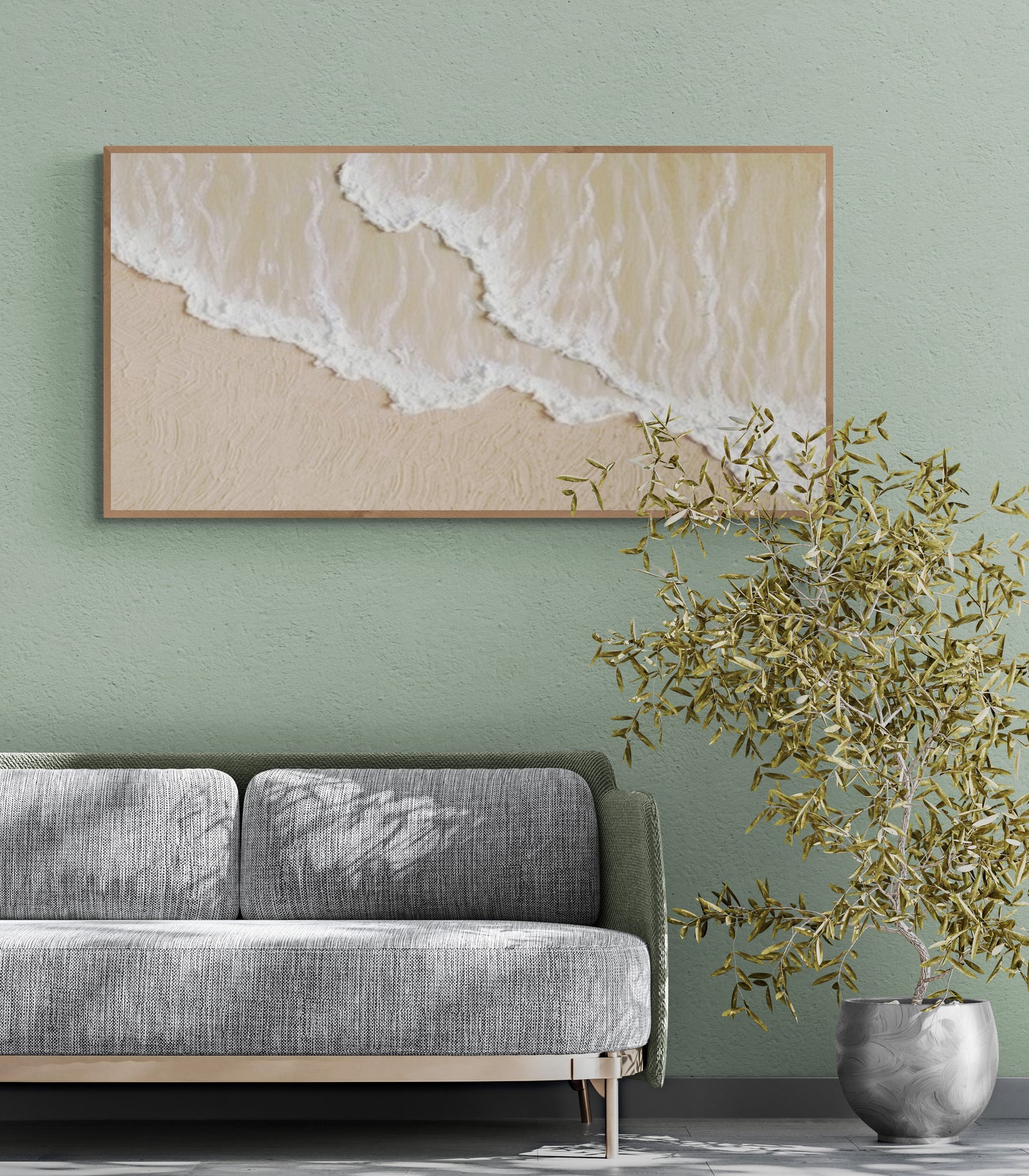 3D texture ,With wooden frame and acrylic paint ,White ocean wave ,Brown coastal  wall decor ,Plaster art texture ,Sea beach relief
