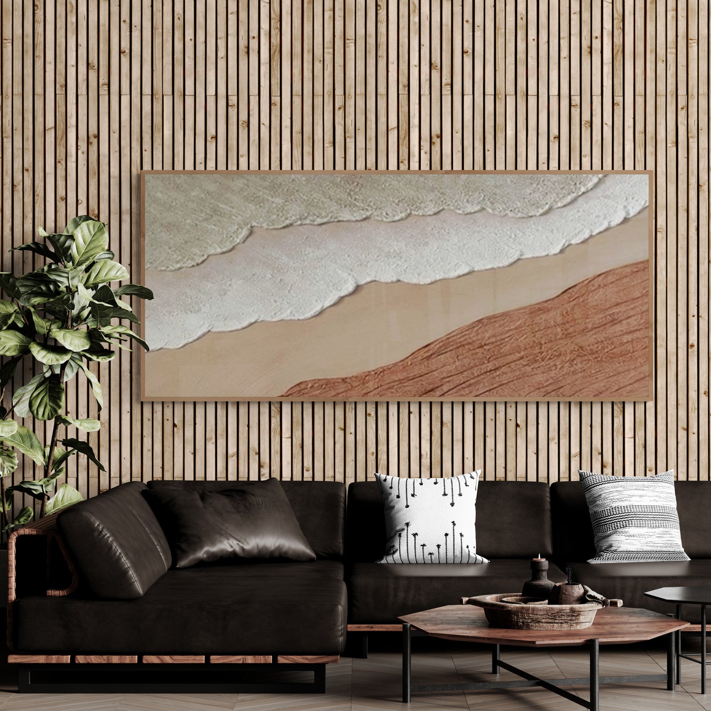 3D texture ,With wooden frame and acrylic paint ,White ocean wave ,Brown coastal  wall decor ,Plaster art texture ,Sea beach relief