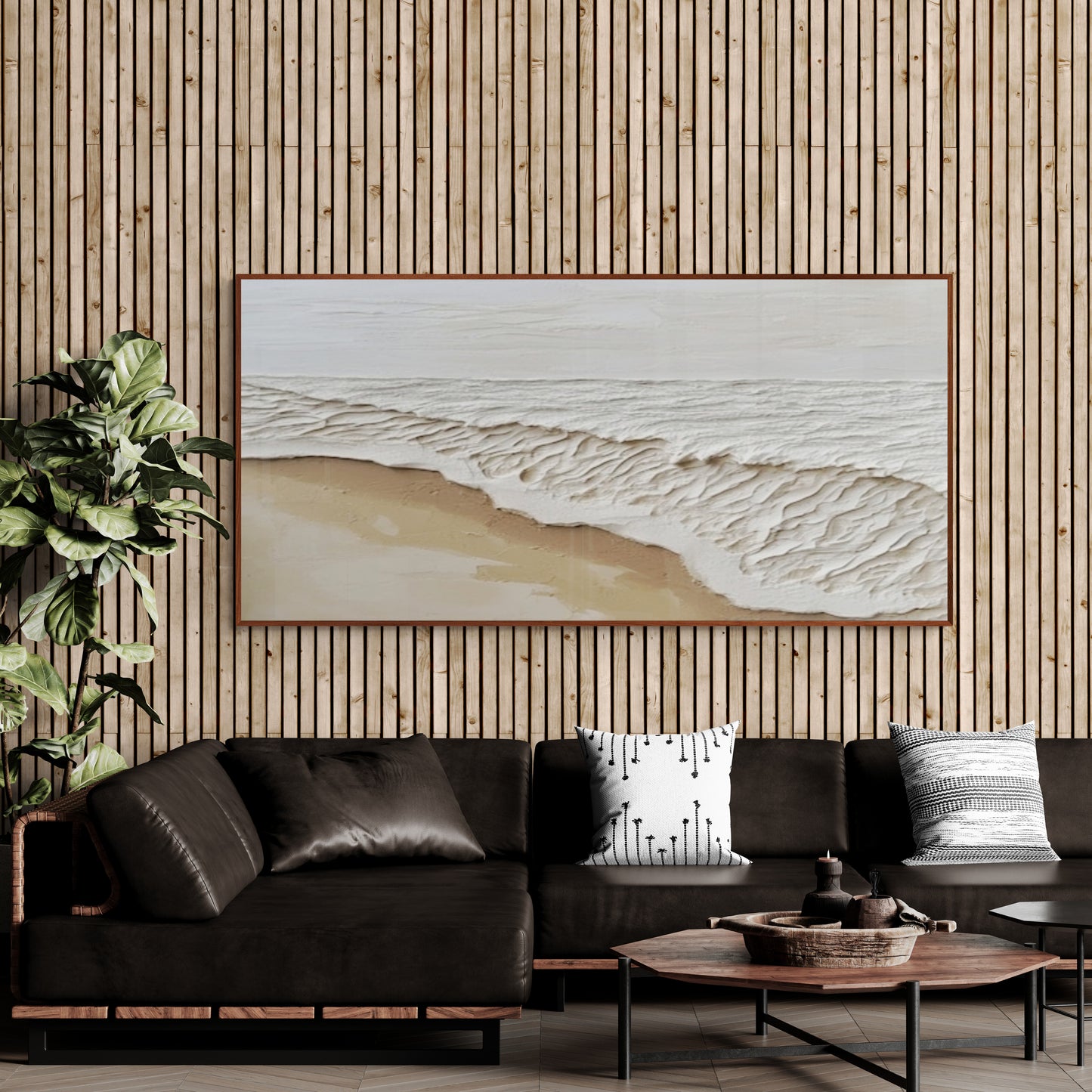 Original abstract relief ,Minimal art texture, With wooden frame and acrylic paint, Ocean wave landscape ,White ocean wave ,Brown coastal