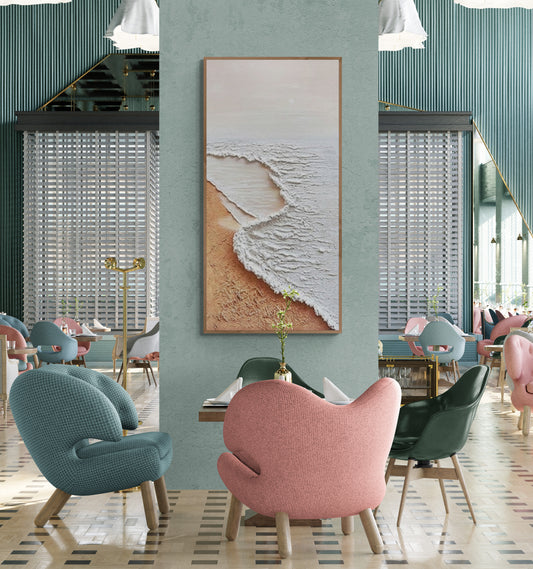 Original abstract relief ,Minimal art texture, With wooden frame and acrylic paint, Ocean wave landscape ,White ocean wave ,Brown coastal