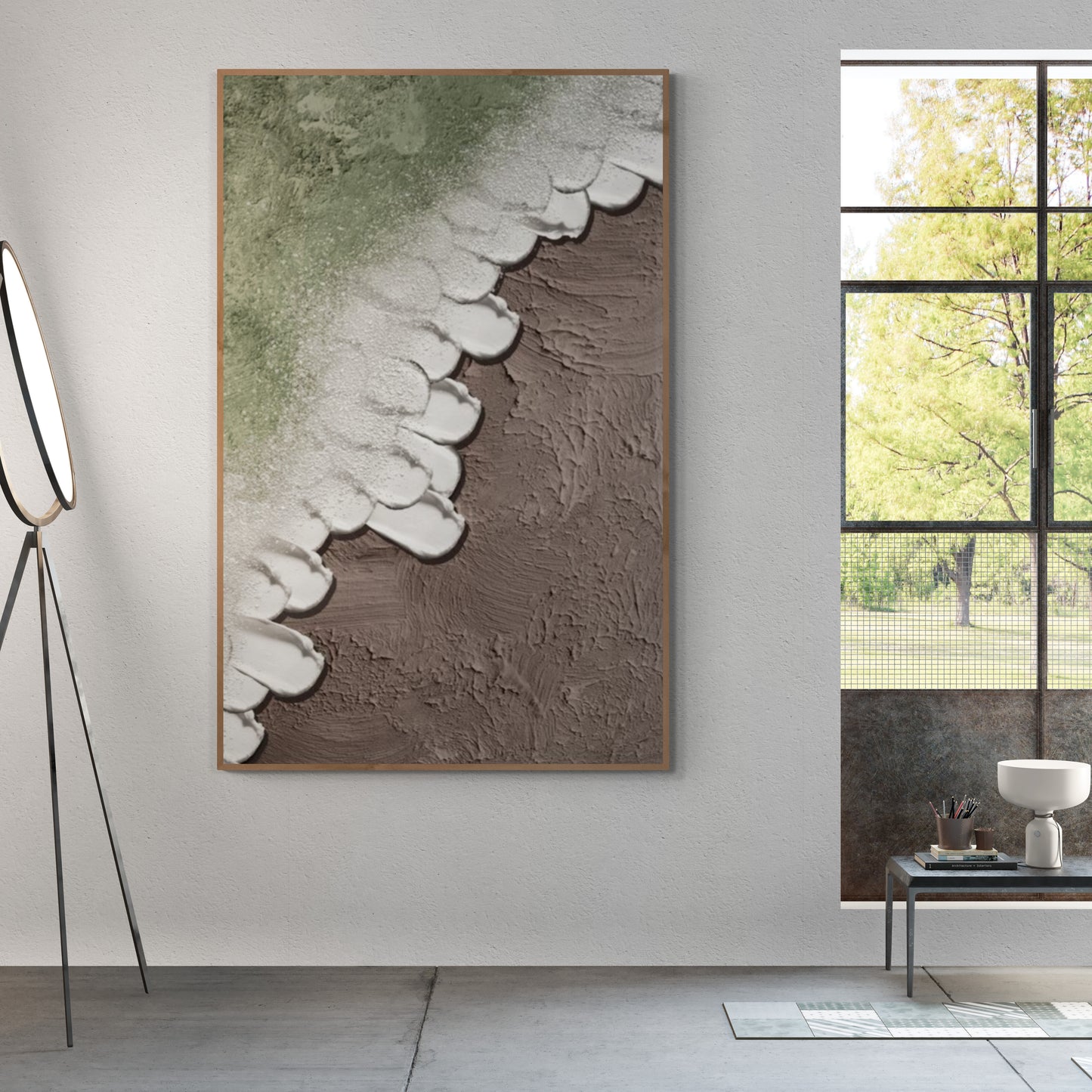 Heavy relief art green ocean wave brown coastal  wall decor ,Abstract handmade wall art , With wooden frame and acrylic paint