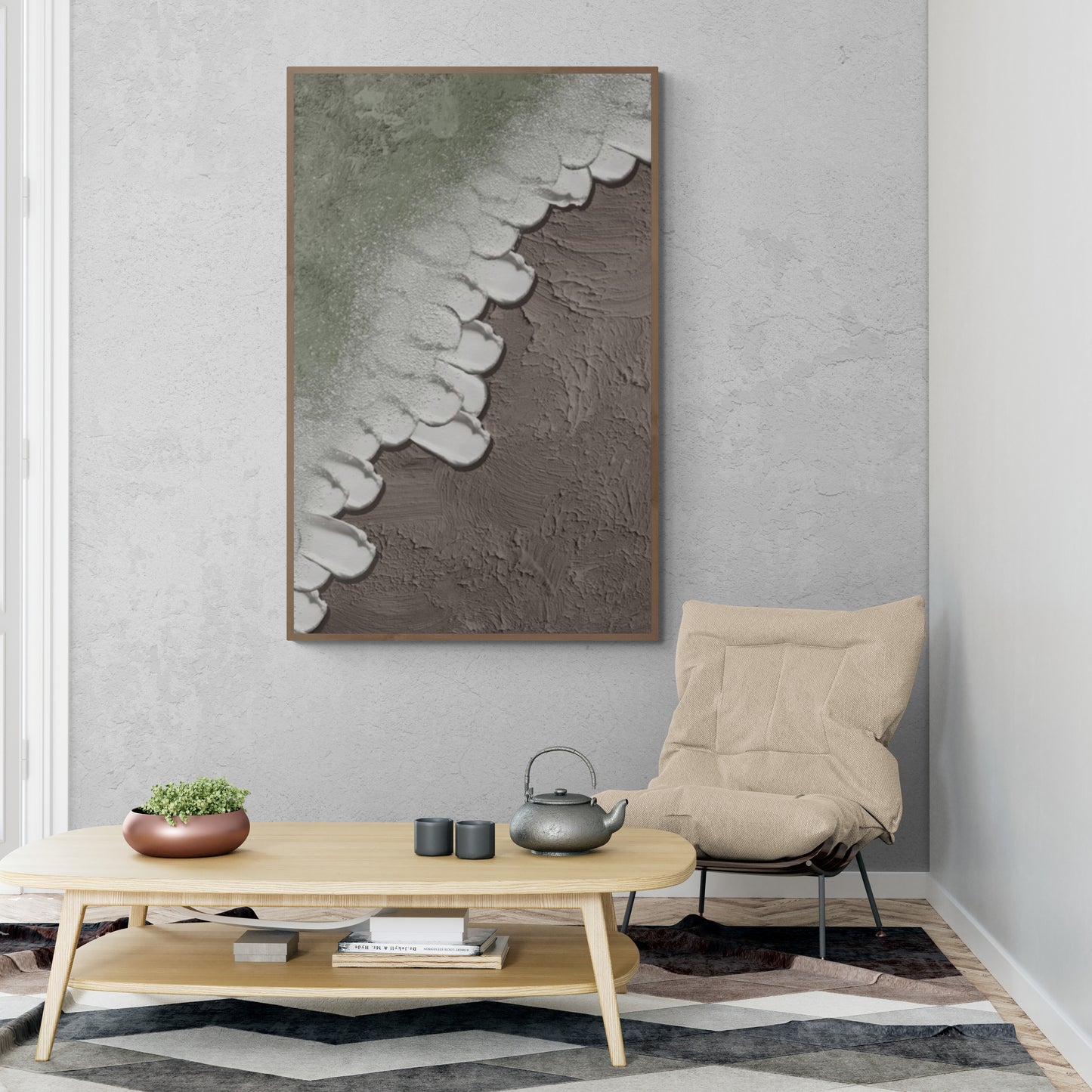 Heavy relief art green ocean wave brown coastal  wall decor ,Abstract handmade wall art , With wooden frame and acrylic paint