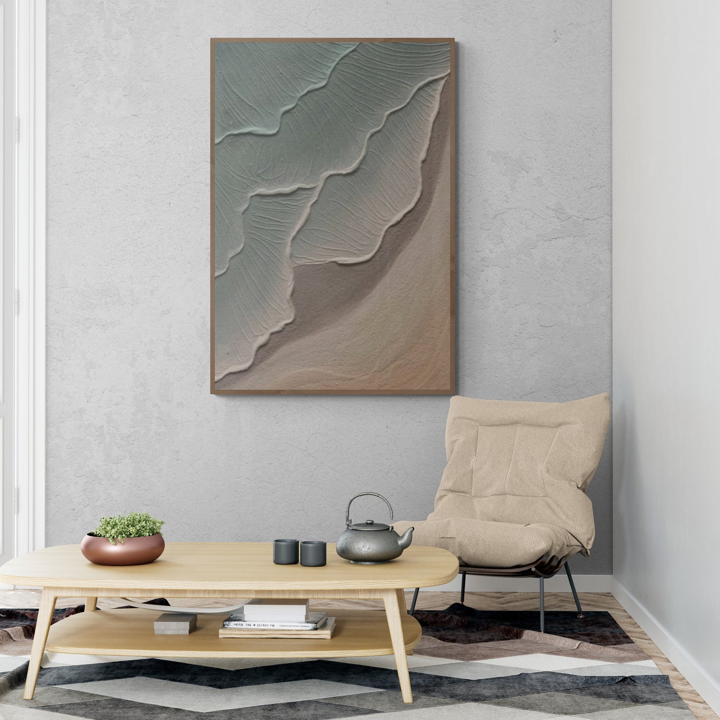 Heavy relief art ,Green ocean wave ,Brown coastal  wall decor ,Abstract handmade wall art ,With wooden frame and acrylic paint