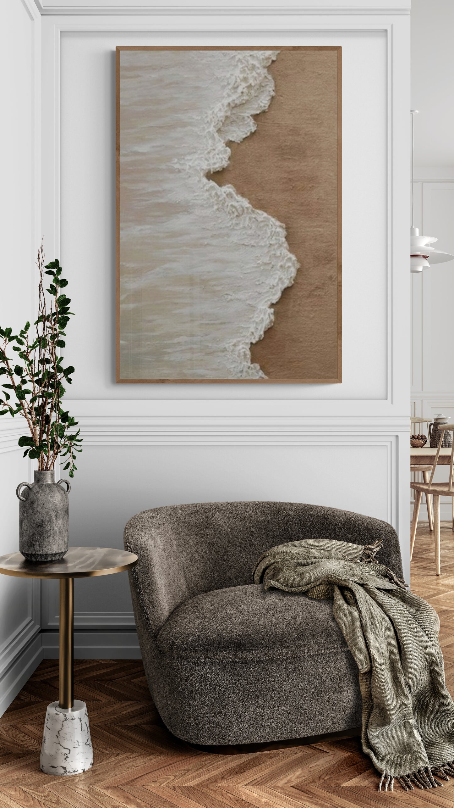 Heavy relief art ,White ocean wave ,Brown coastal  wall decor ,Abstract handmade wall art ,With wooden frame and acrylic paint