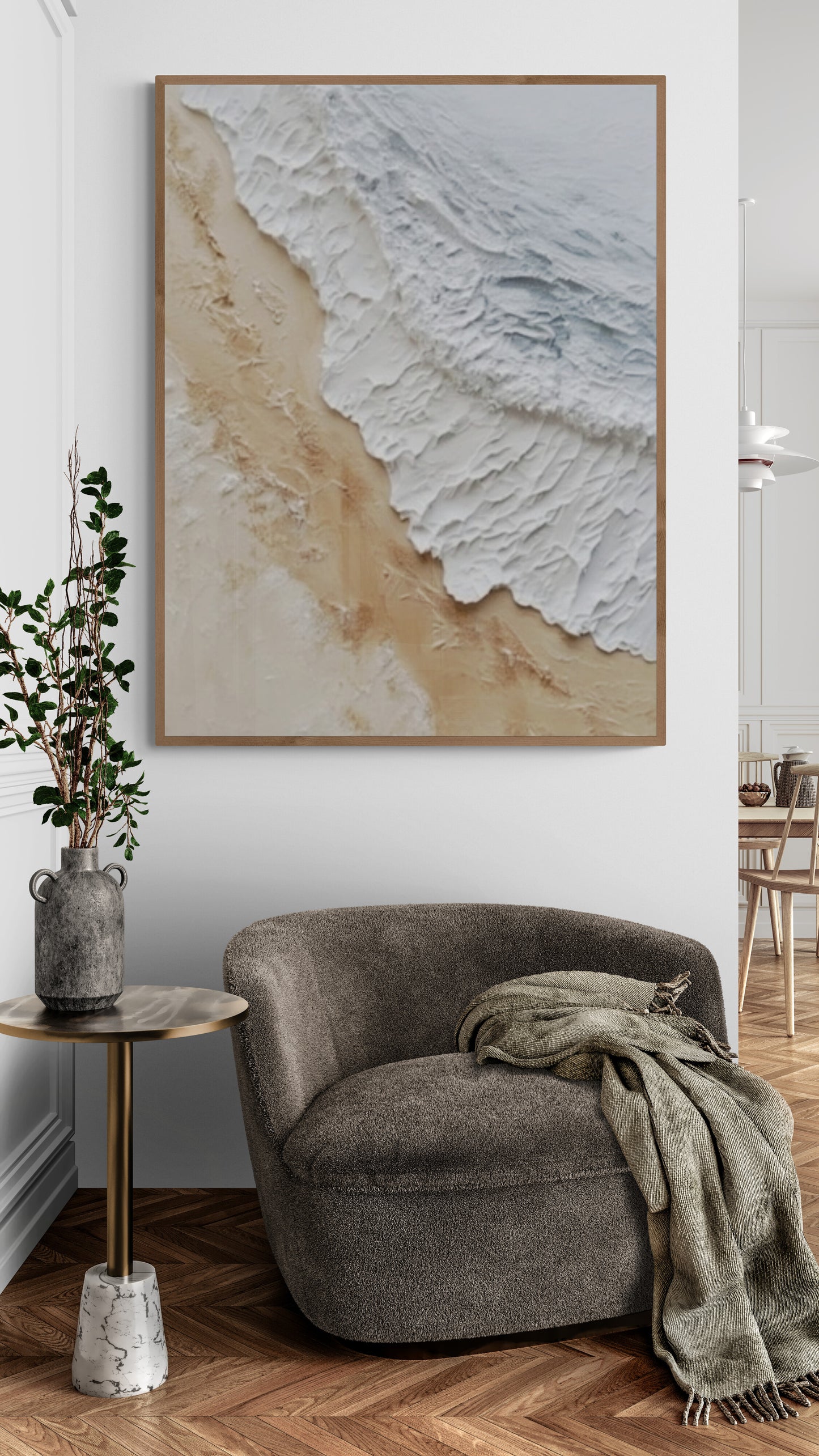 3D texture ,With wooden frame and acrylic paint ,White ocean wave ,Brown coastal  wall decor ,Plaster art texture ,Sea beach relief