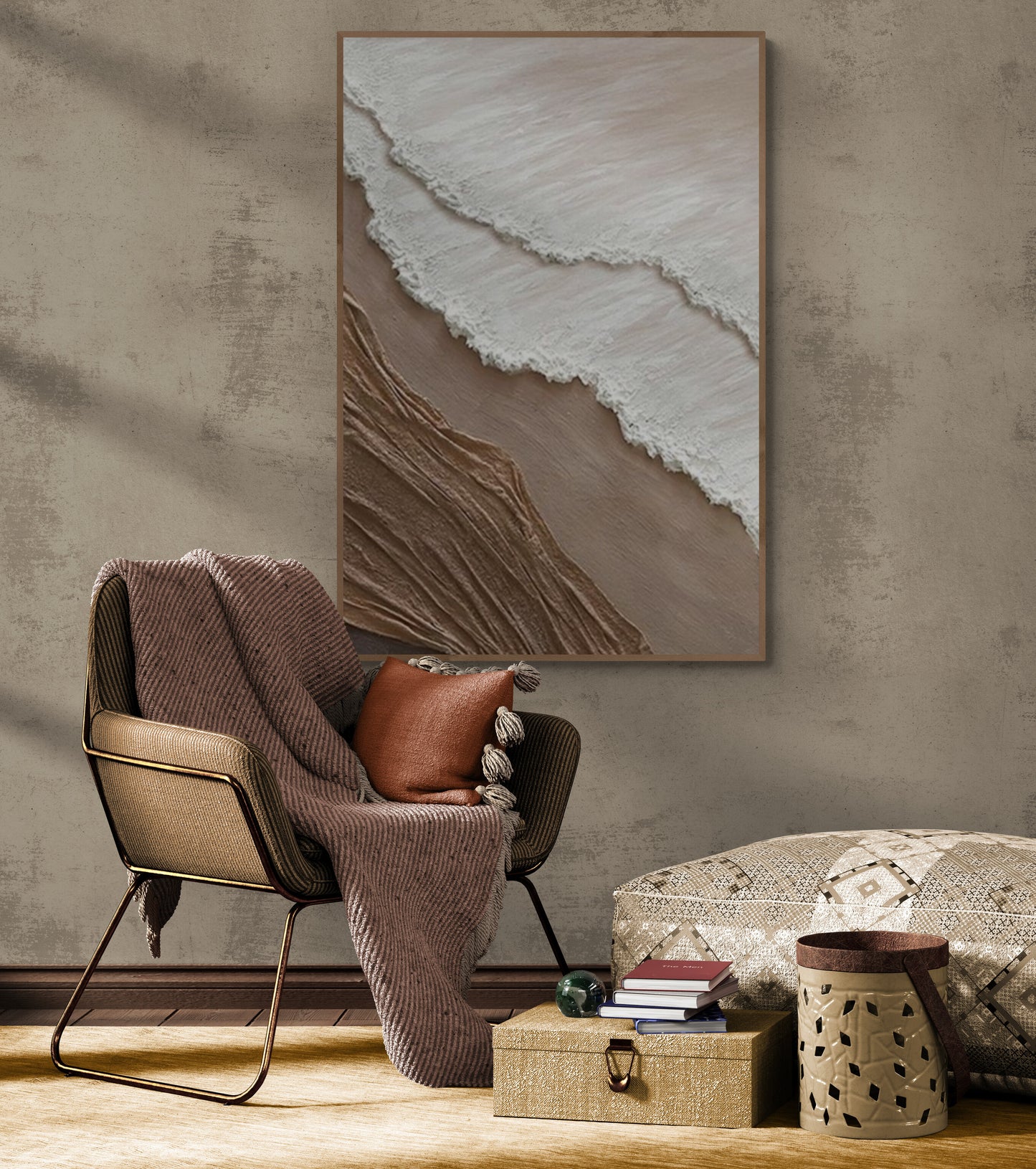 With wooden frame and acrylic paint ,Boho textured wall ,Brown ocean wave , Brown coastal  wall decor ,Sea wall art