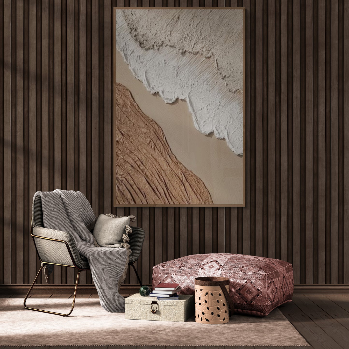 With wooden frame and acrylic paint ,Boho textured wall ,Brown ocean wave ,Brown coastal  wall decor ,Sea wall art