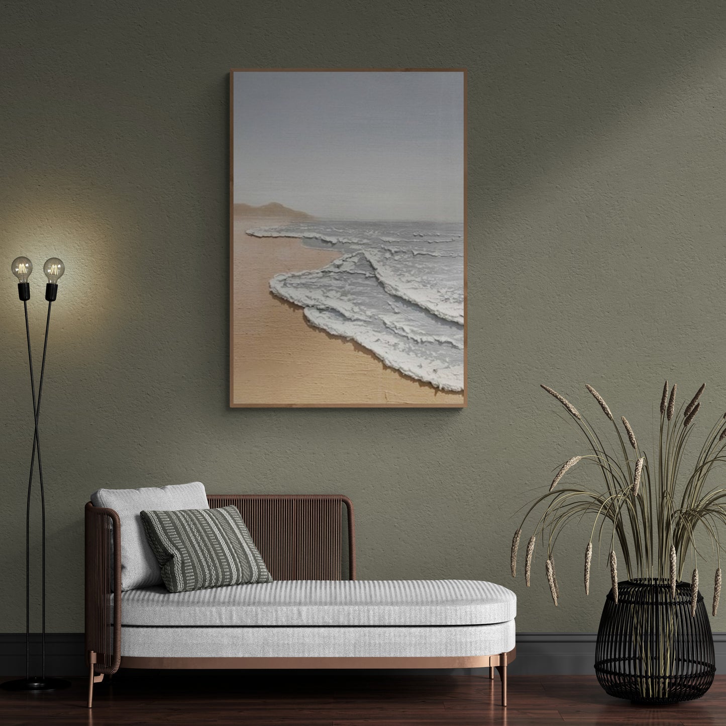 Original abstract relief ,Minimal art texture, With wooden frame and acrylic paint, Ocean wave landscape ,White ocean wave ,Brown coastal