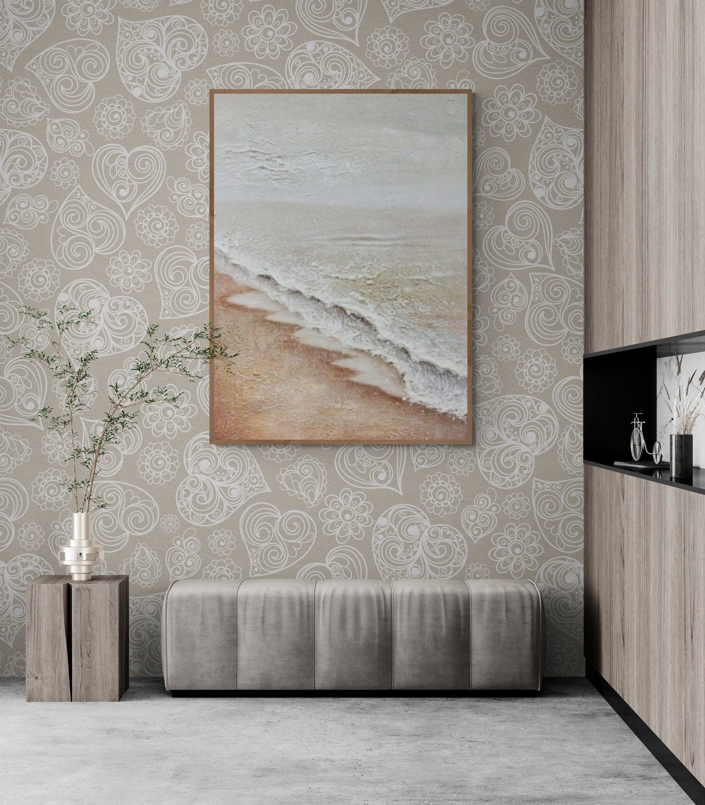 Original abstract relief ,Minimal art texture, With wooden frame and acrylic paint, Ocean wave landscape ,White ocean wave ,Brown coastal
