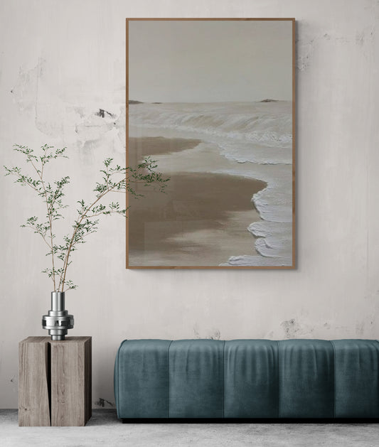 Original abstract relief ,Minimal art texture, With wooden frame and acrylic paint, Ocean wave landscape ,White ocean wave ,Brown coastal