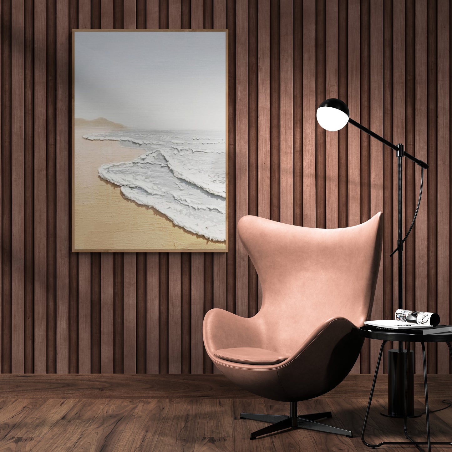 Original abstract relief ,Minimal art texture, With wooden frame and acrylic paint, Ocean wave landscape ,White ocean wave ,Brown coastal