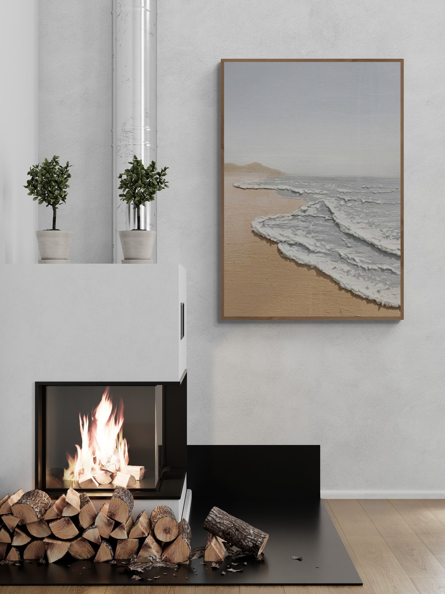 Original abstract relief ,Minimal art texture, With wooden frame and acrylic paint, Ocean wave landscape ,White ocean wave ,Brown coastal