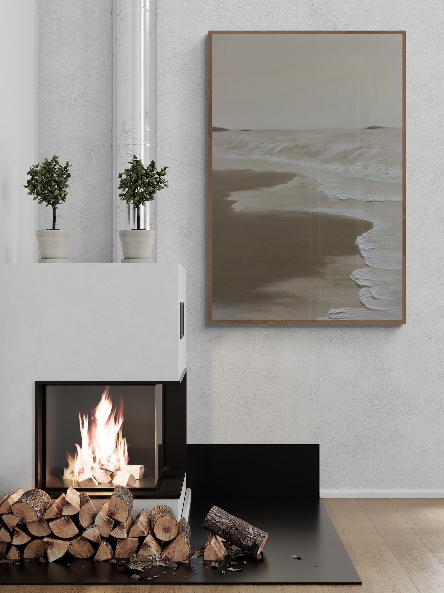Original abstract relief ,Minimal art texture, With wooden frame and acrylic paint, Ocean wave landscape ,White ocean wave ,Brown coastal