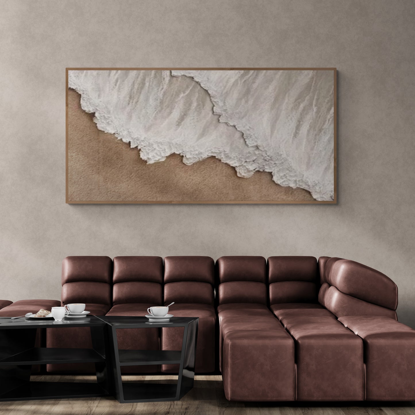 Heavy relief art ,White ocean wave ,Brown coastal  wall decor ,Abstract handmade wall art ,With wooden frame and acrylic paint