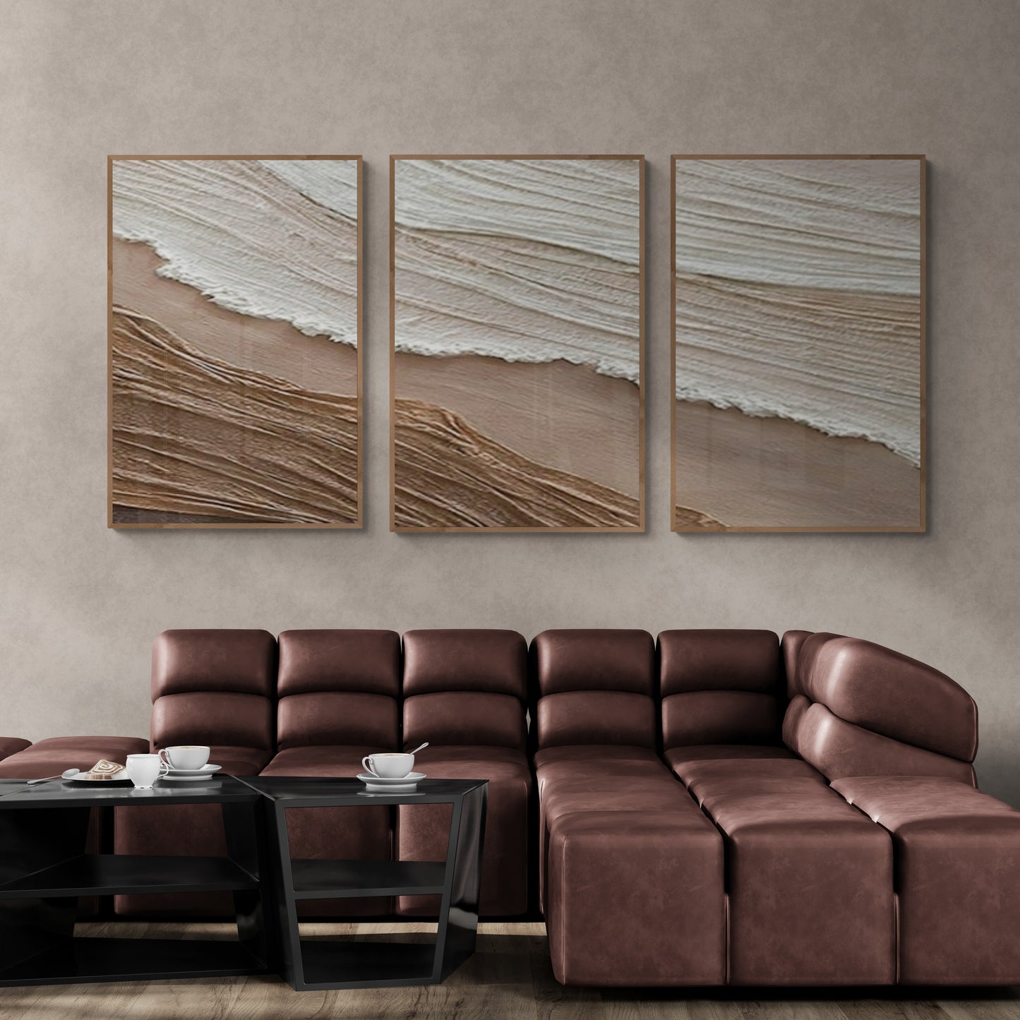 3 pieces ,With wooden frame and acrylic paint ,Boho textured wall ,Brown ocean wave ,Brown coastal  wall decor ,Sea wall art