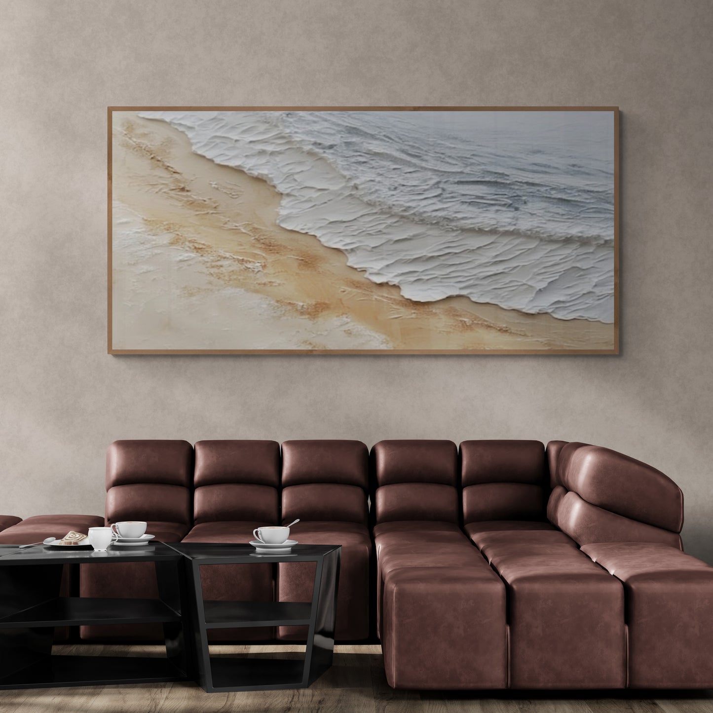 Original abstract relief ,Minimal art texture, With wooden frame and acrylic paint, Ocean wave landscape ,White ocean wave ,Brown coastal
