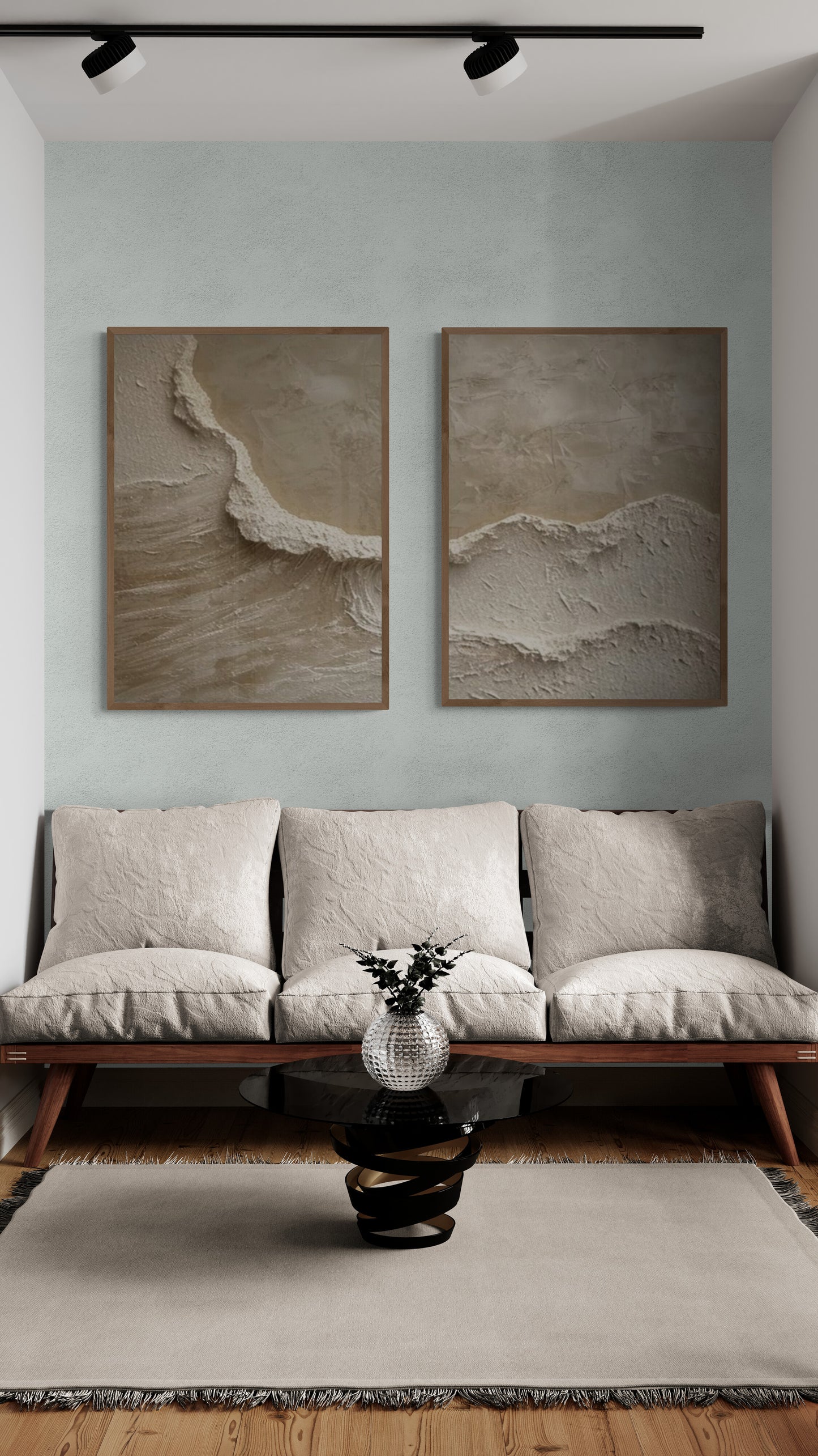 2 pieces ,With wooden frame and acrylic paint ,Boho textured wall ,Brown ocean wave ,Brown coastal  wall decor ,Sea wall art