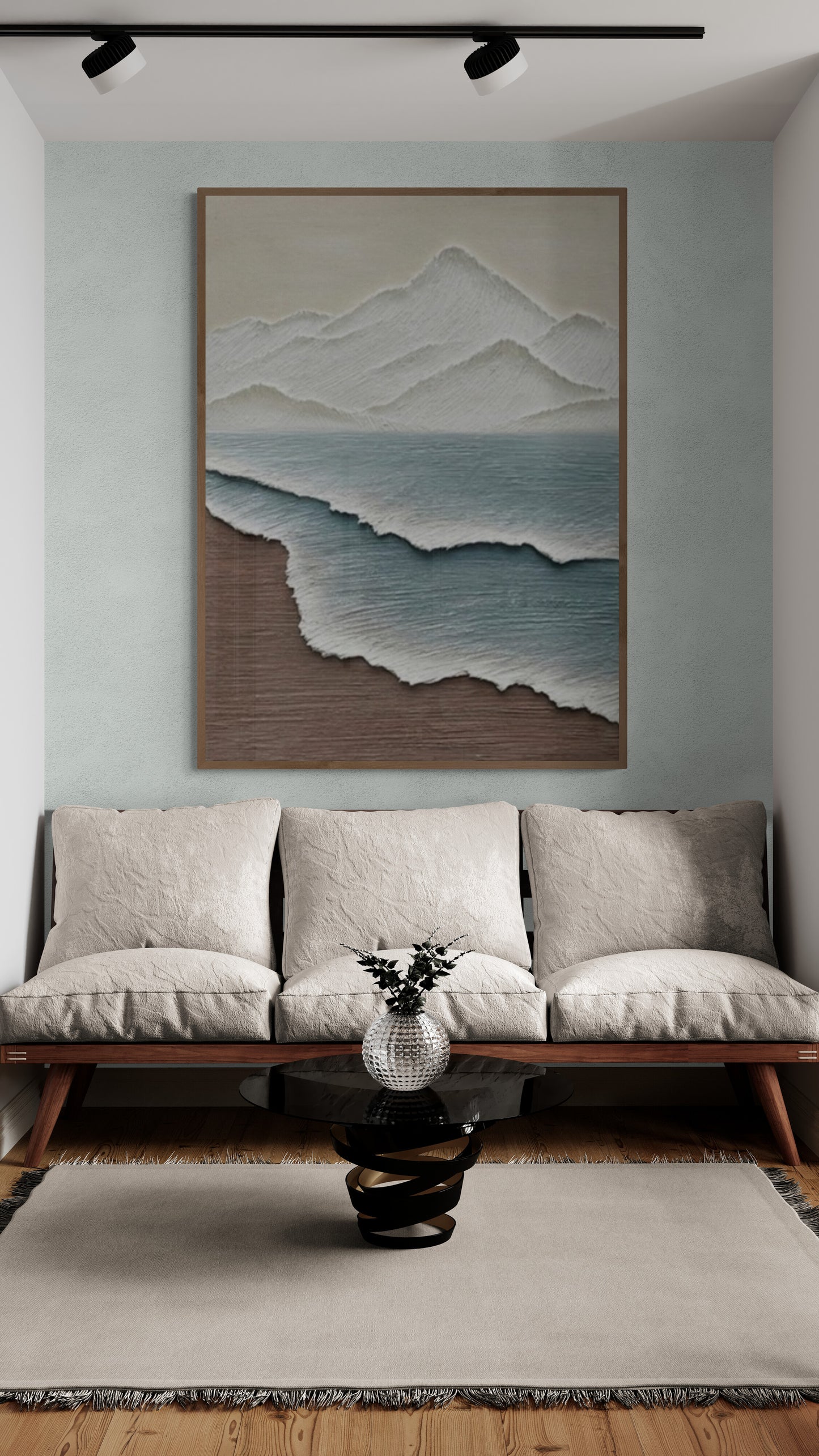 Heavy relief art ,Blue ocean wave ,Brown coastal  wall decor ,Abstract handmade wall art ,With wooden frame and acrylic paint