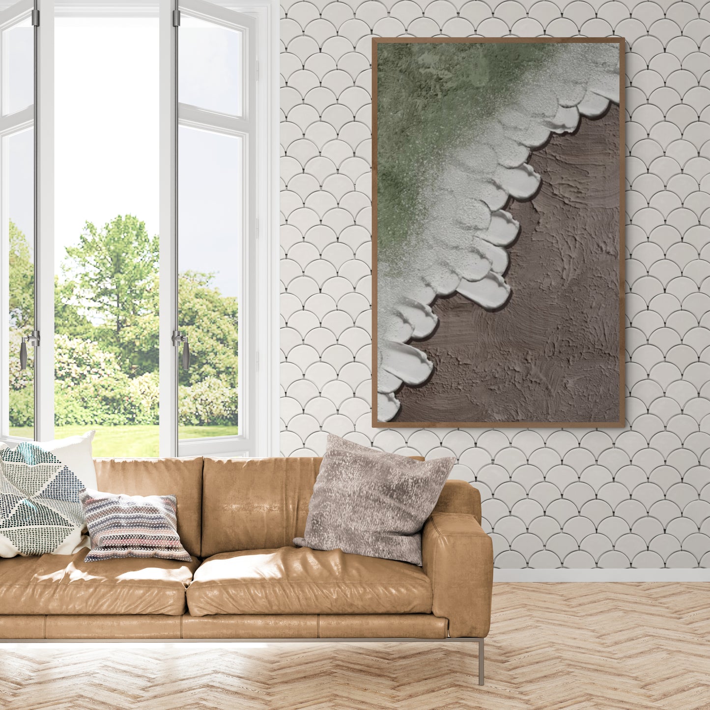 Heavy relief art green ocean wave brown coastal  wall decor ,Abstract handmade wall art , With wooden frame and acrylic paint