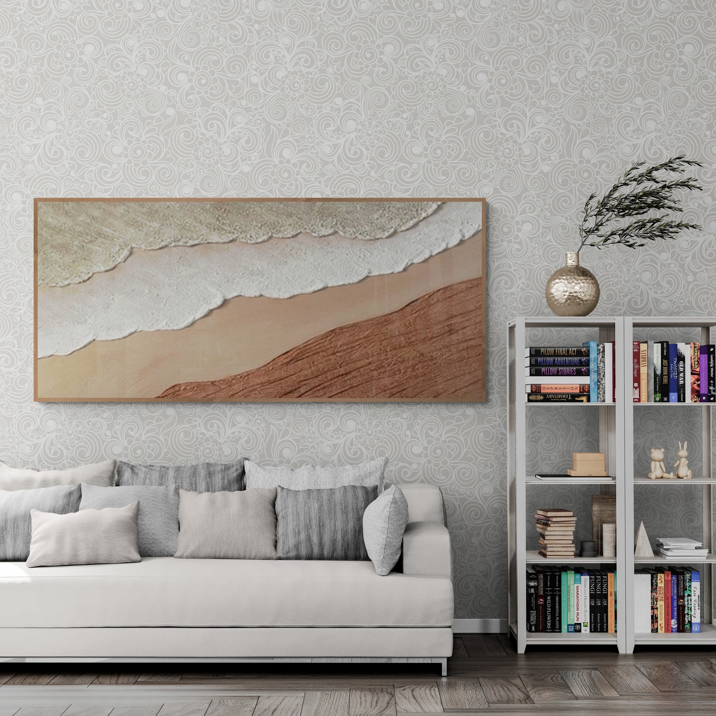 3D texture ,With wooden frame and acrylic paint ,White ocean wave ,Brown coastal  wall decor ,Plaster art texture ,Sea beach relief